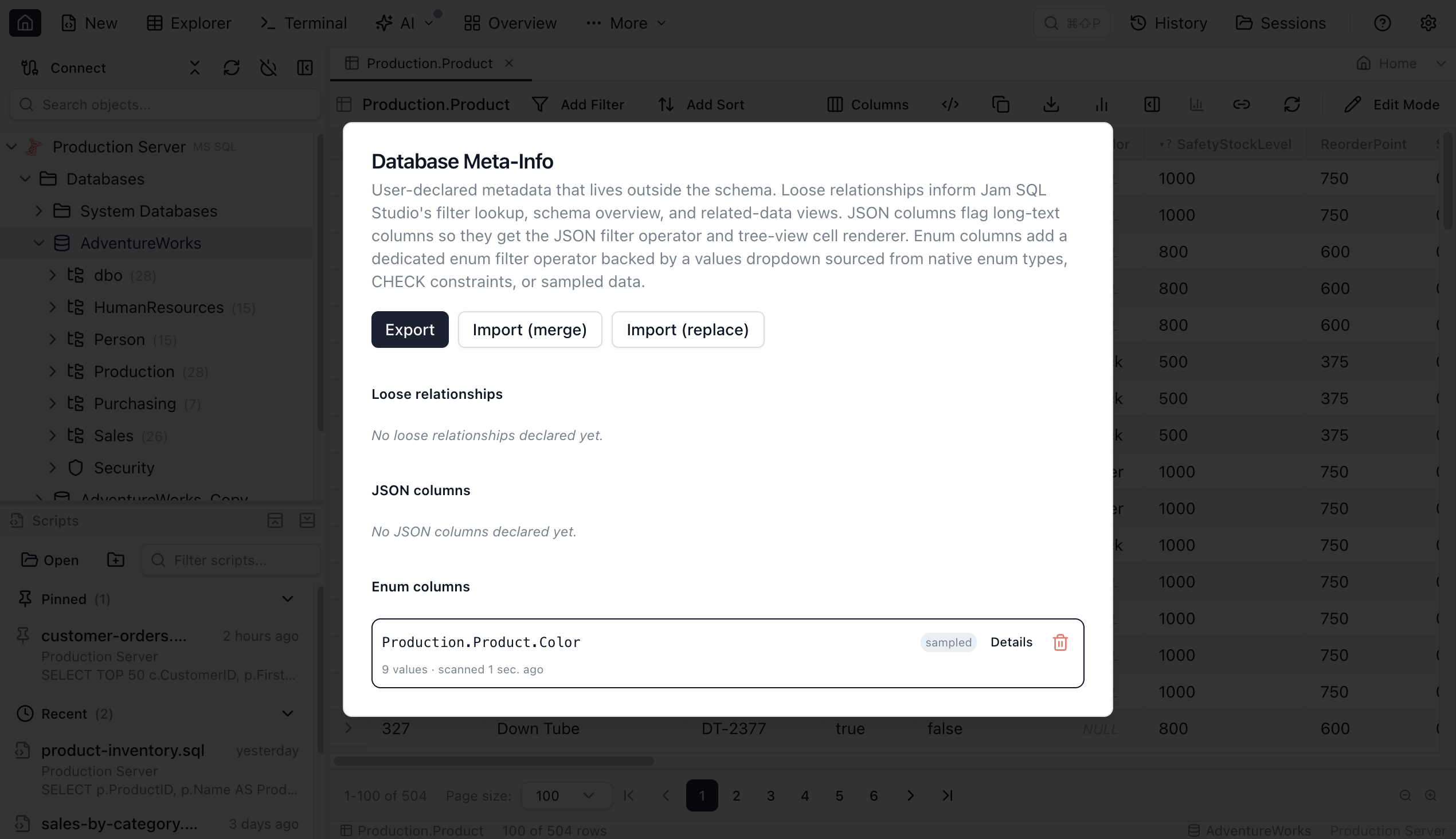 Database Meta-Info manager dialog scrolled to the Enum columns section, showing a declared Production.Product.Color row with a sampled source badge, cached value count, and Details button