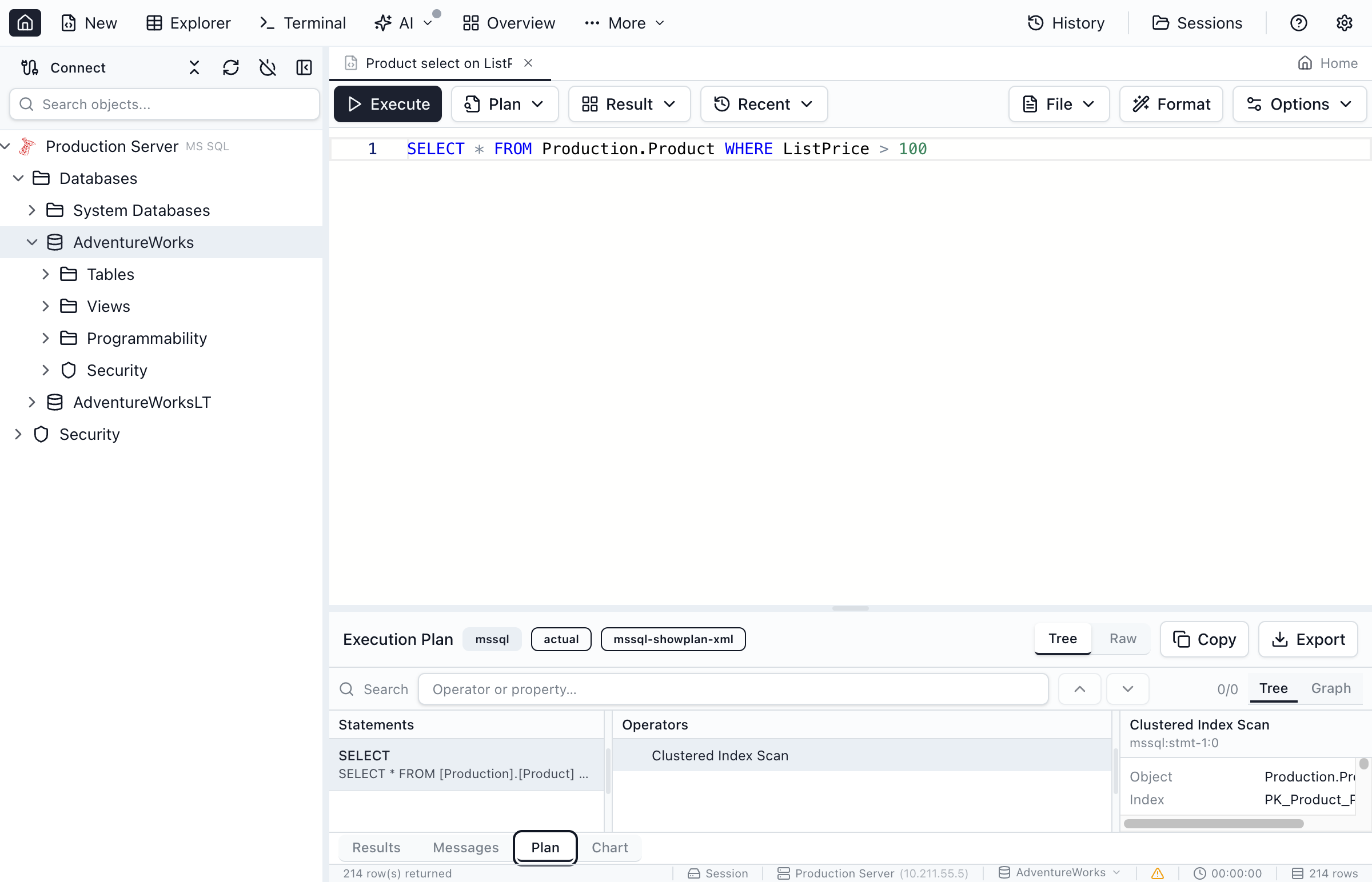 Plan comparison view showing before and after plans with highlighted operator differences.