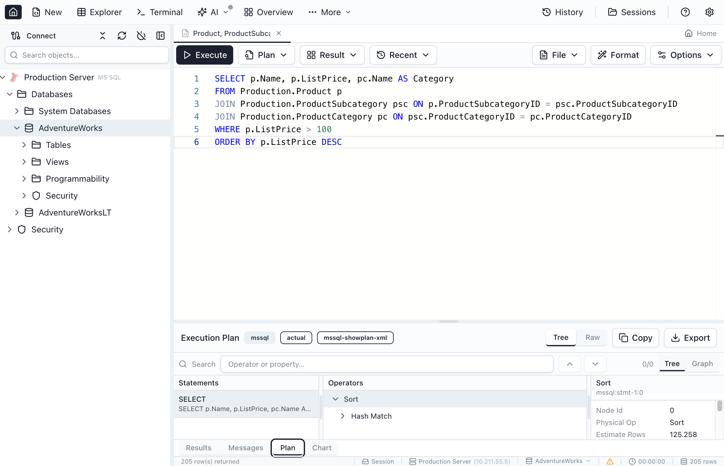 The graphical execution plan view showing operators, data flow, and cost percentages.