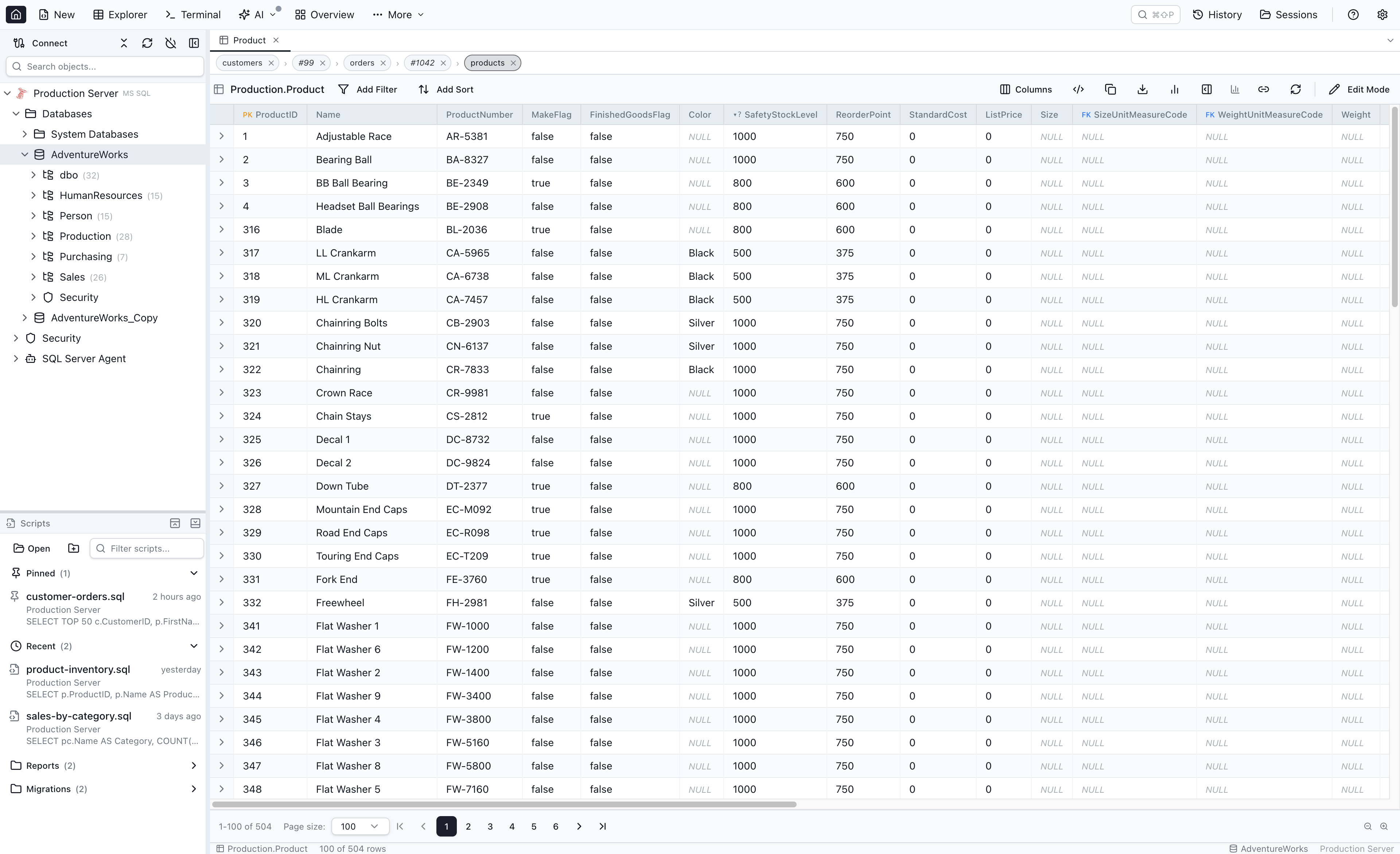 Jam SQL Studio's Table Explorer with a multi-hop breadcrumb chip-row above a Single-Row Details View showing categorized row cells and several Related Data sections