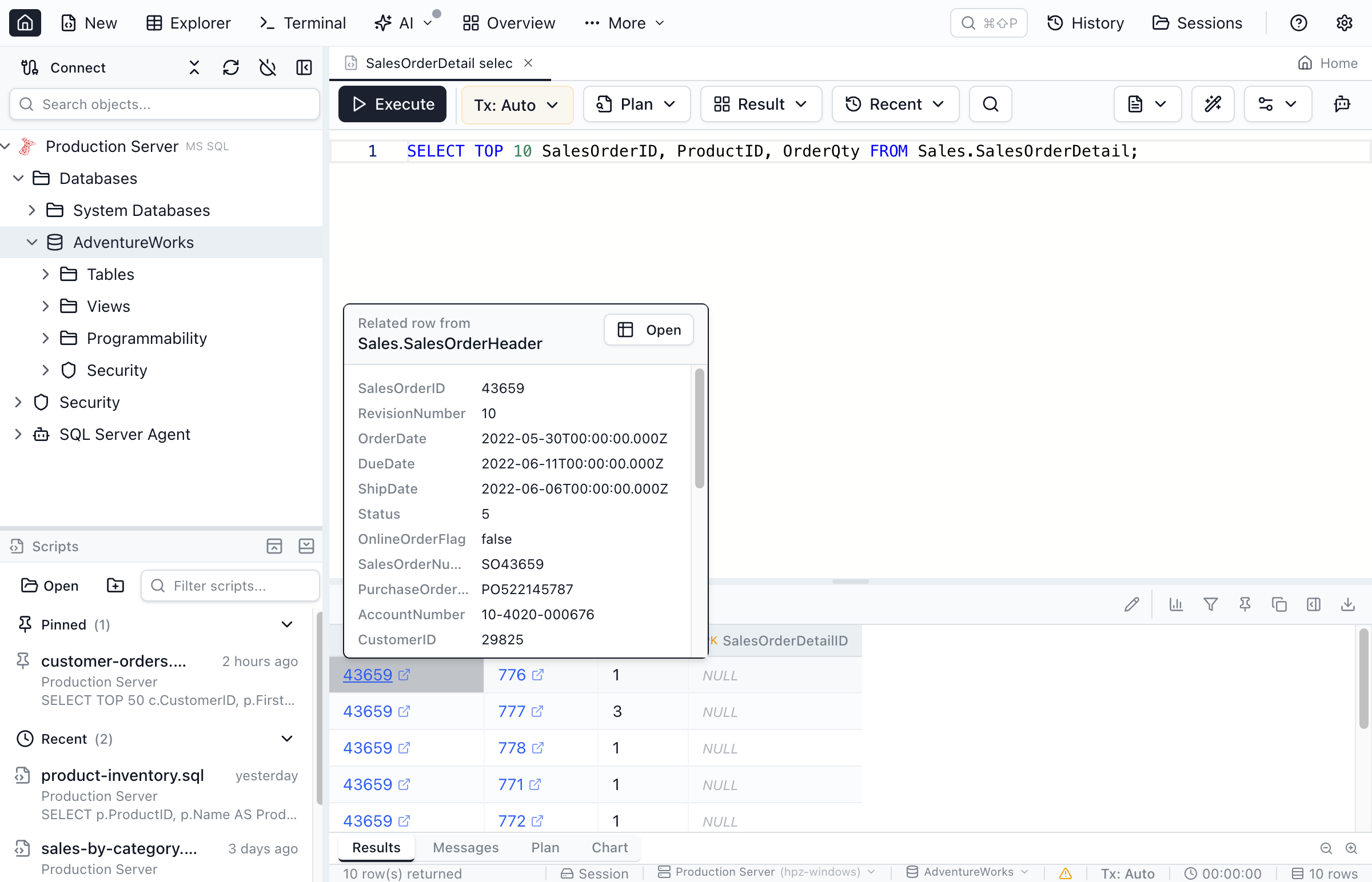 Foreign key cell clicked showing popover with referenced row data and Open button.