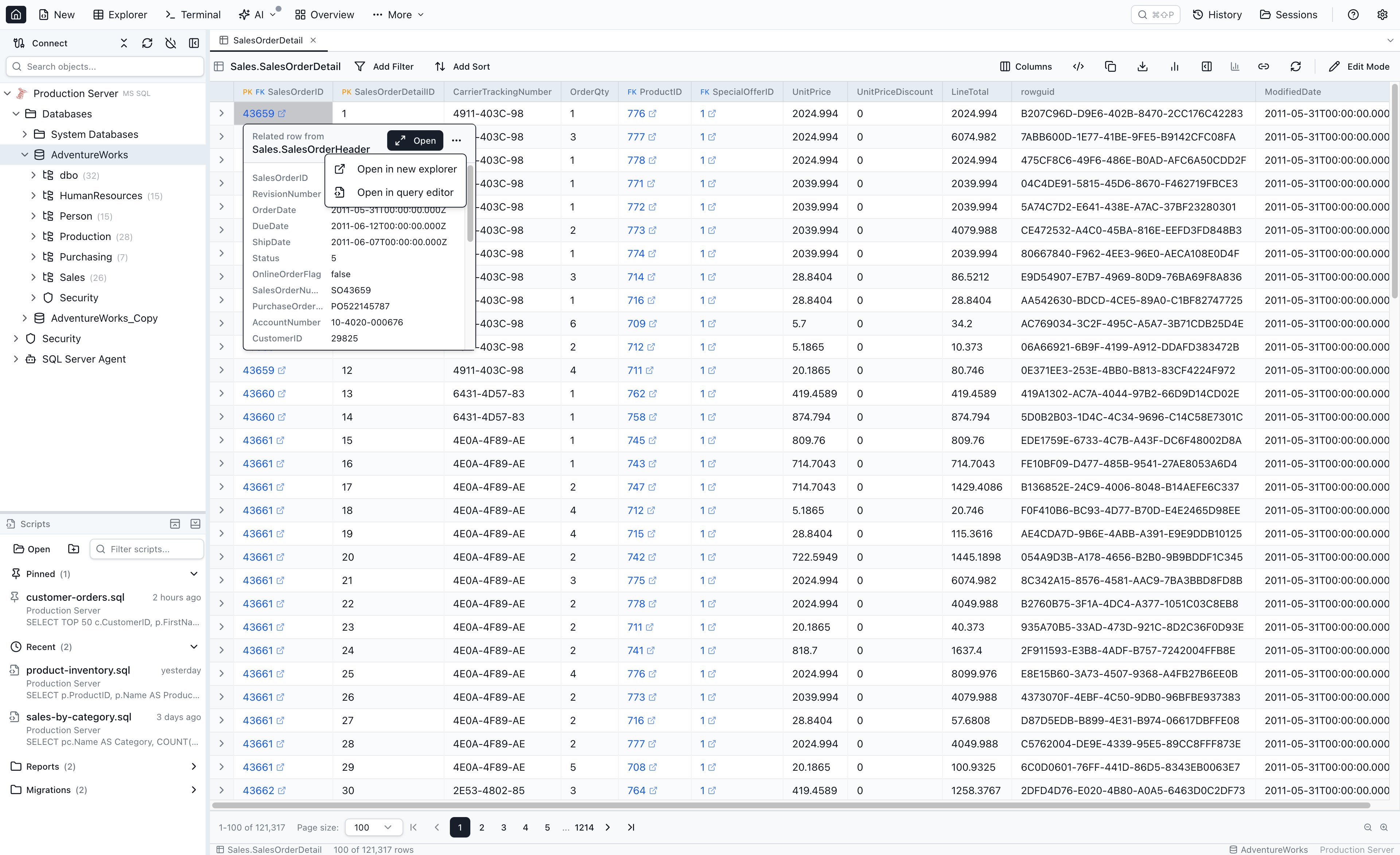 FK peek popover open over a foreign-key cell, with the primary Open button highlighted and the three-dot menu expanded showing Open in new explorer and Open in query editor