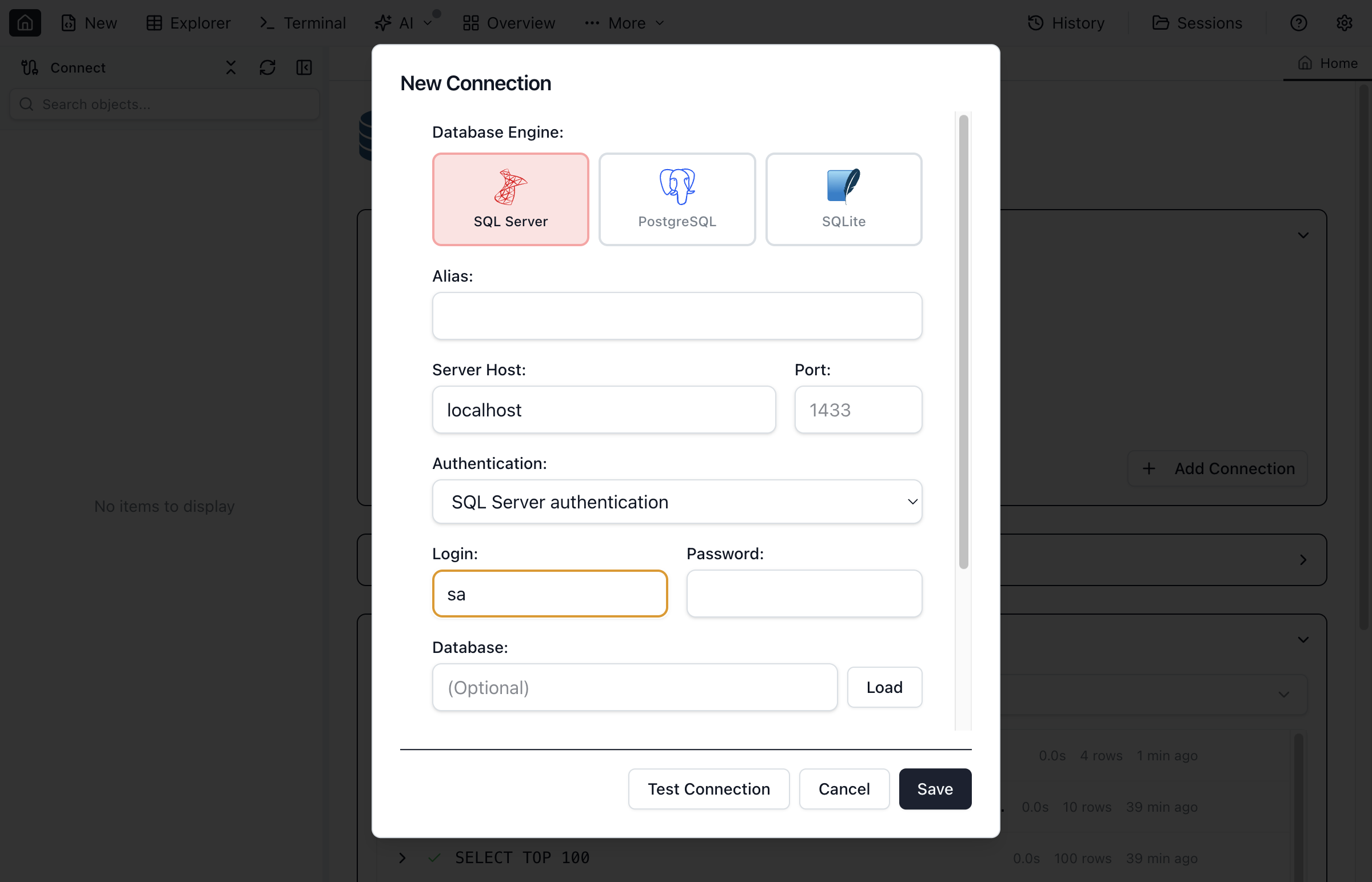 The connection dialog with server details and authentication options.