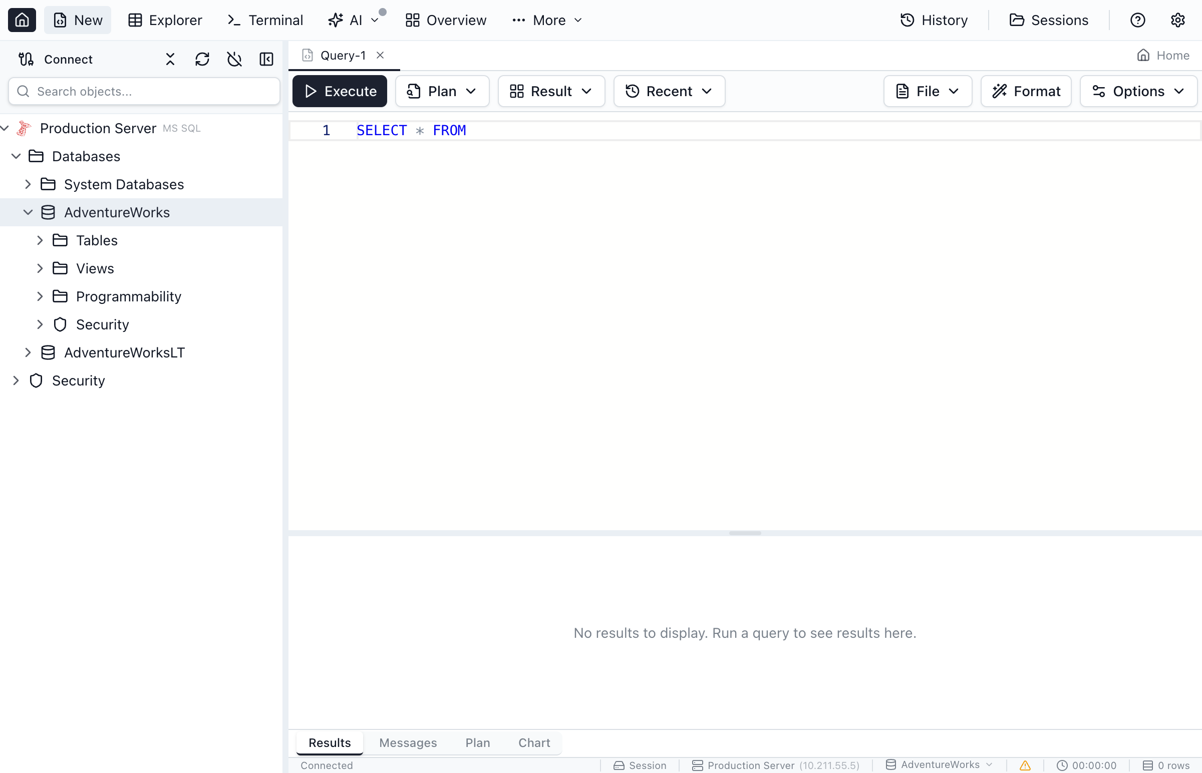 The query editor with SQL syntax highlighting and results grid.