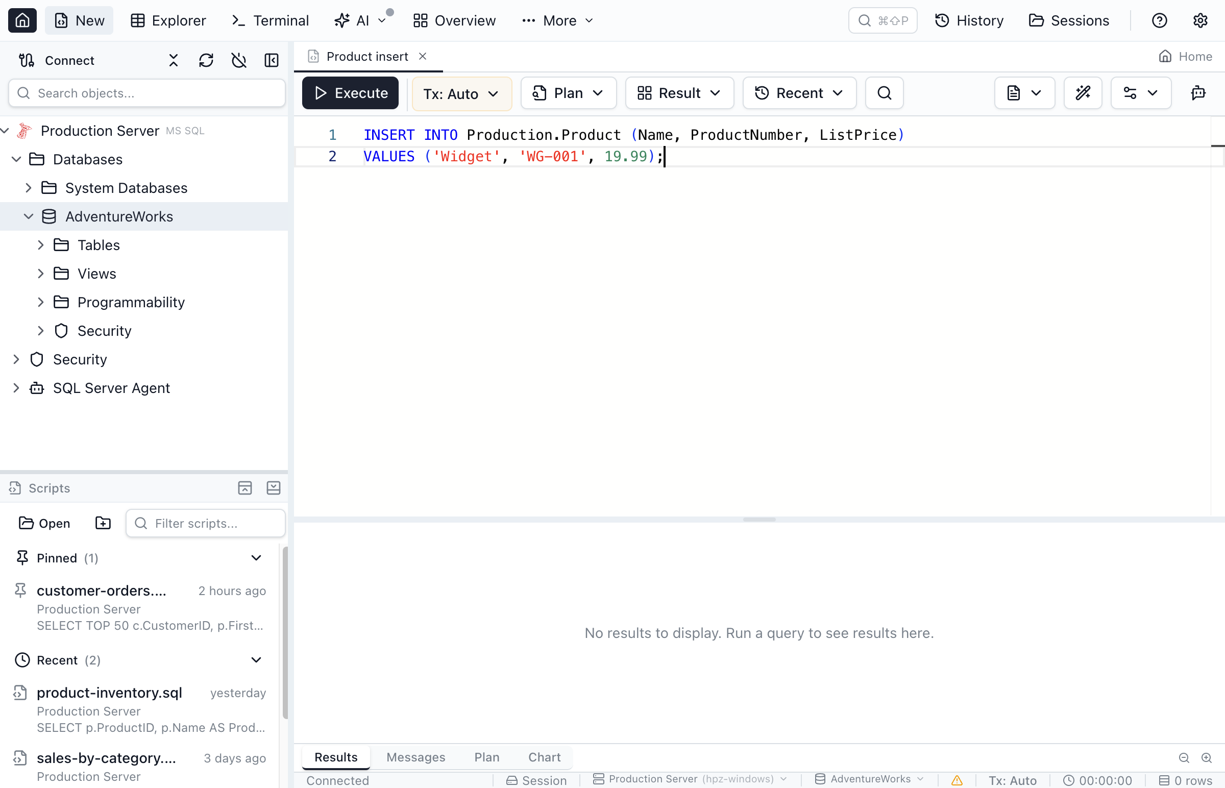 Inlay hints showing column names before values in an INSERT statement.