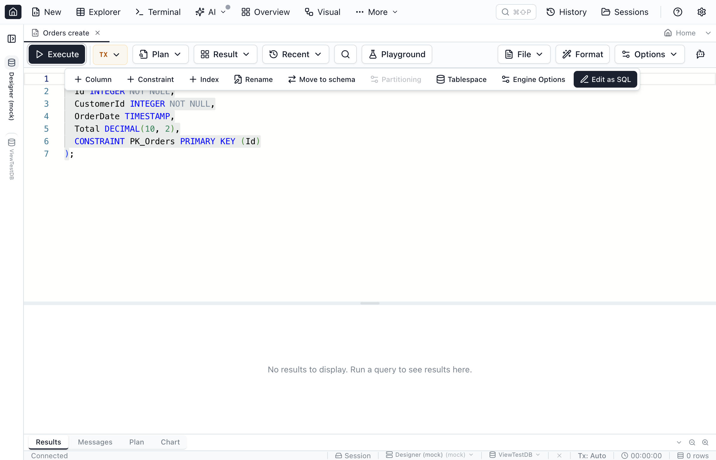 Inline DDL toolbar floating above a CREATE TABLE statement with object-aware buttons.