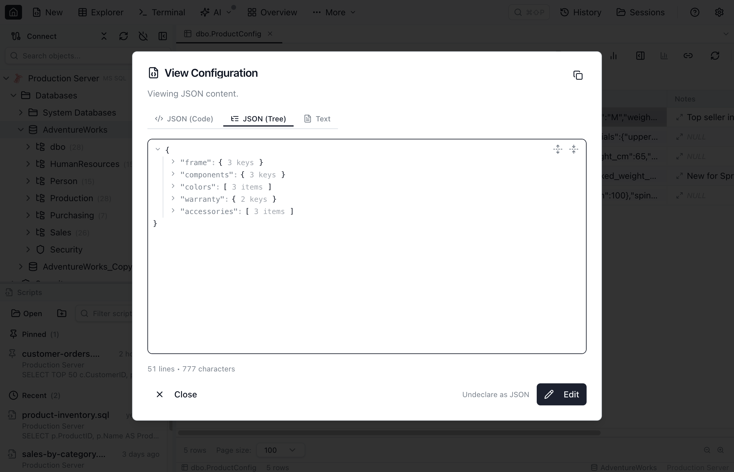 The expanded value dialog titled View Configuration showing JSON content in the collapsible JSON Tree view with JSON Code and Text tabs, an Undeclare as JSON action and an Edit button.
