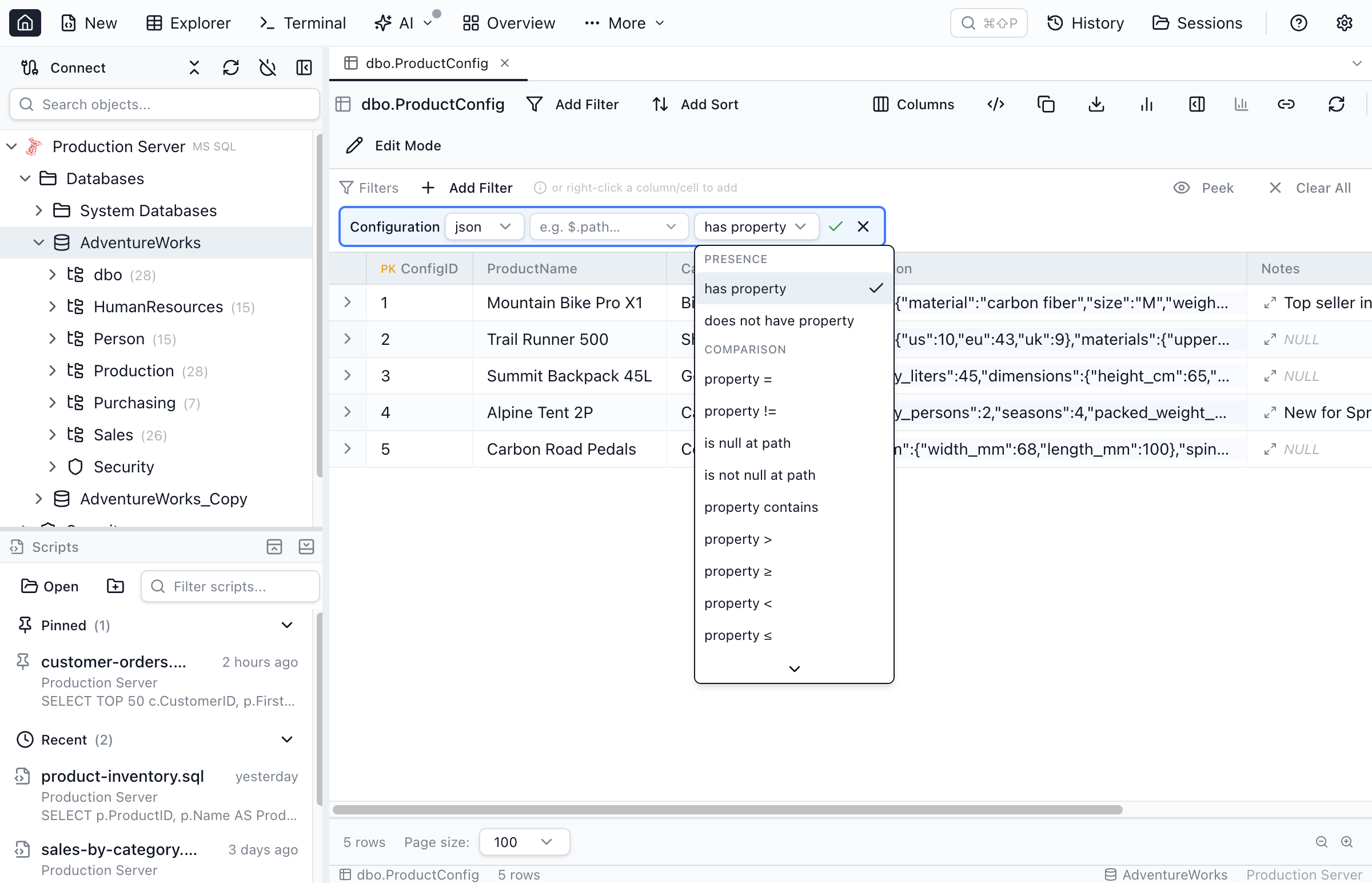 A Jam SQL Studio Table Explorer filter chip with the two-level json operator selected and the sub-operator dropdown open, listing presence checks like has property and comparison sub-operators such as property =, property contains and property greater-than.