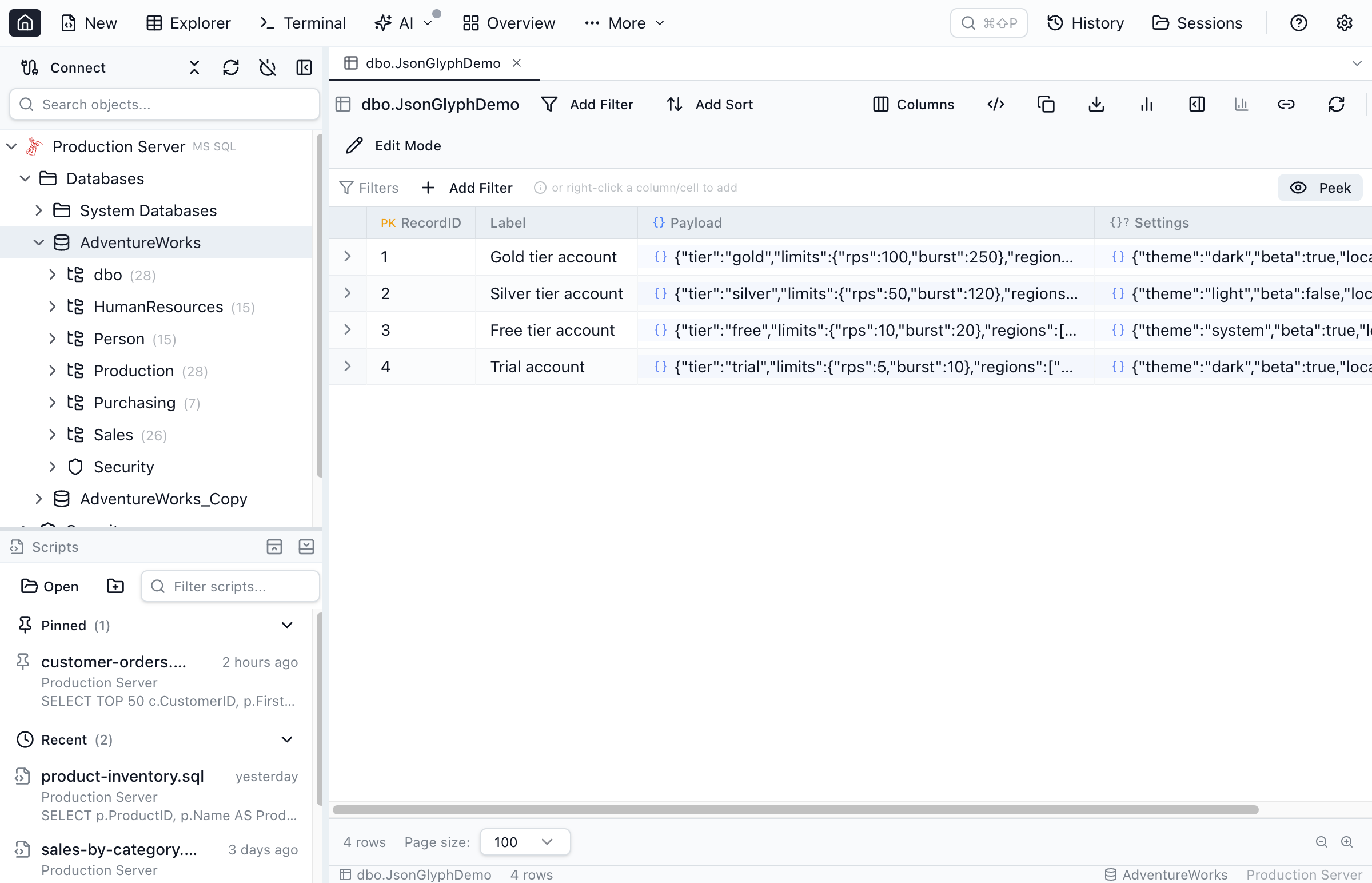 Result-grid column headers where the Payload column shows a blue curly-brace glyph because it is declared as JSON and the Settings column shows a gray curly-brace-question glyph because it is an eligible undeclared long-text column.