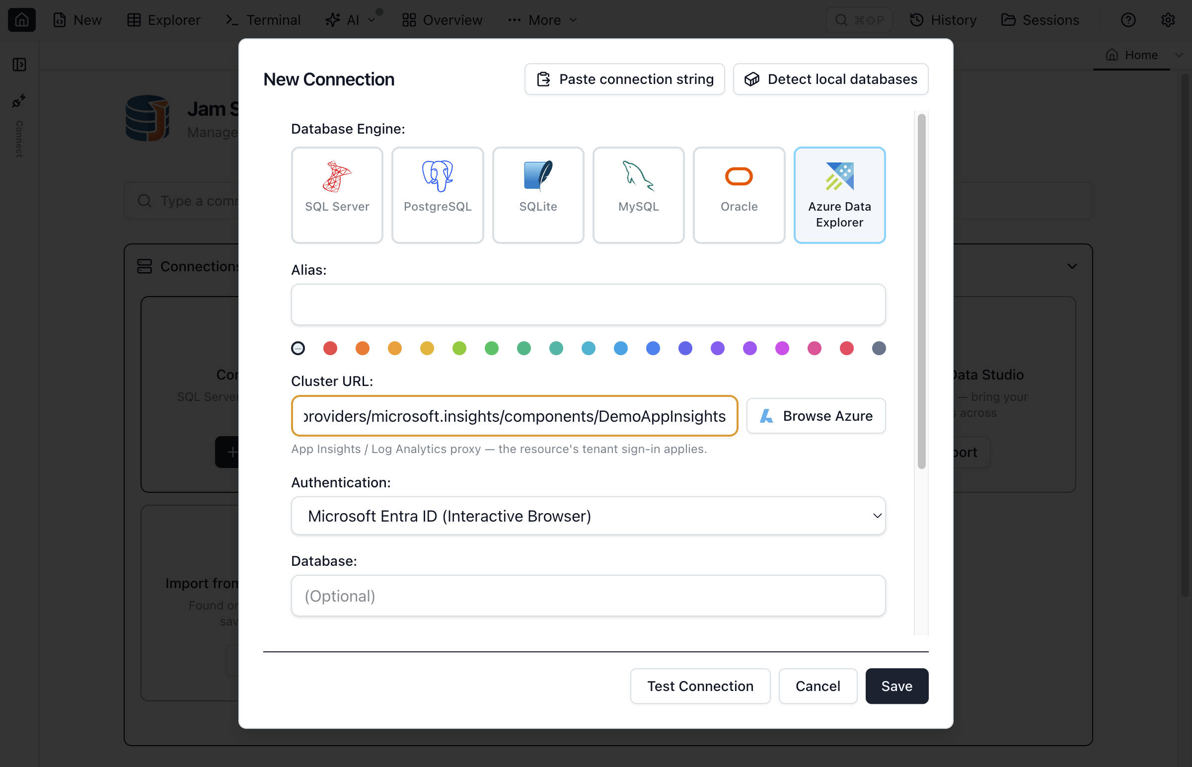 The New Connection dialog with the Azure Data Explorer engine selected, an App Insights proxy URL in the Cluster URL field, and Microsoft Entra ID authentication
