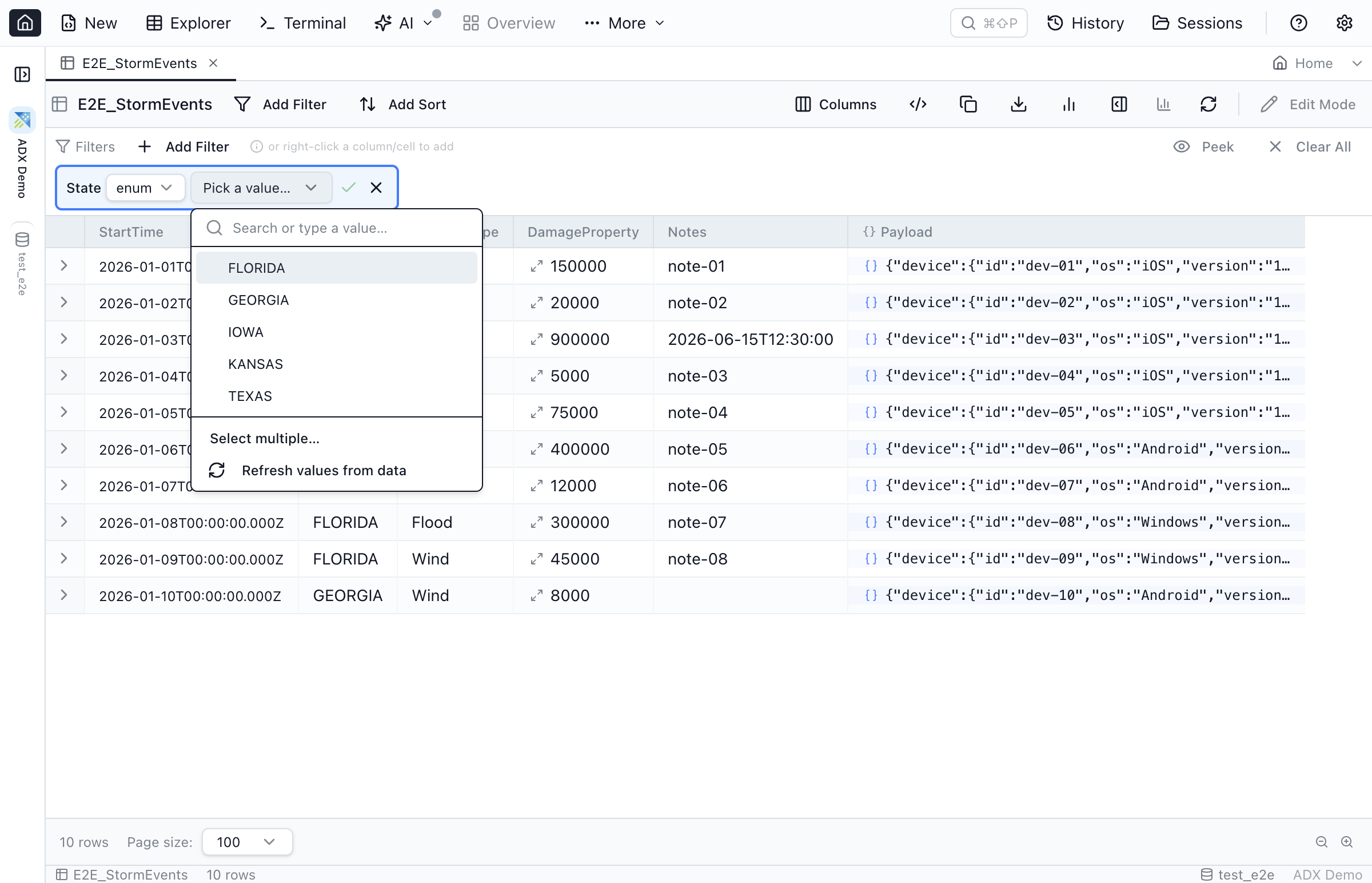 A Kusto table in Table Explorer with an enum filter chip's value-picker popover open next to a dynamic JSON column rendered in the grid