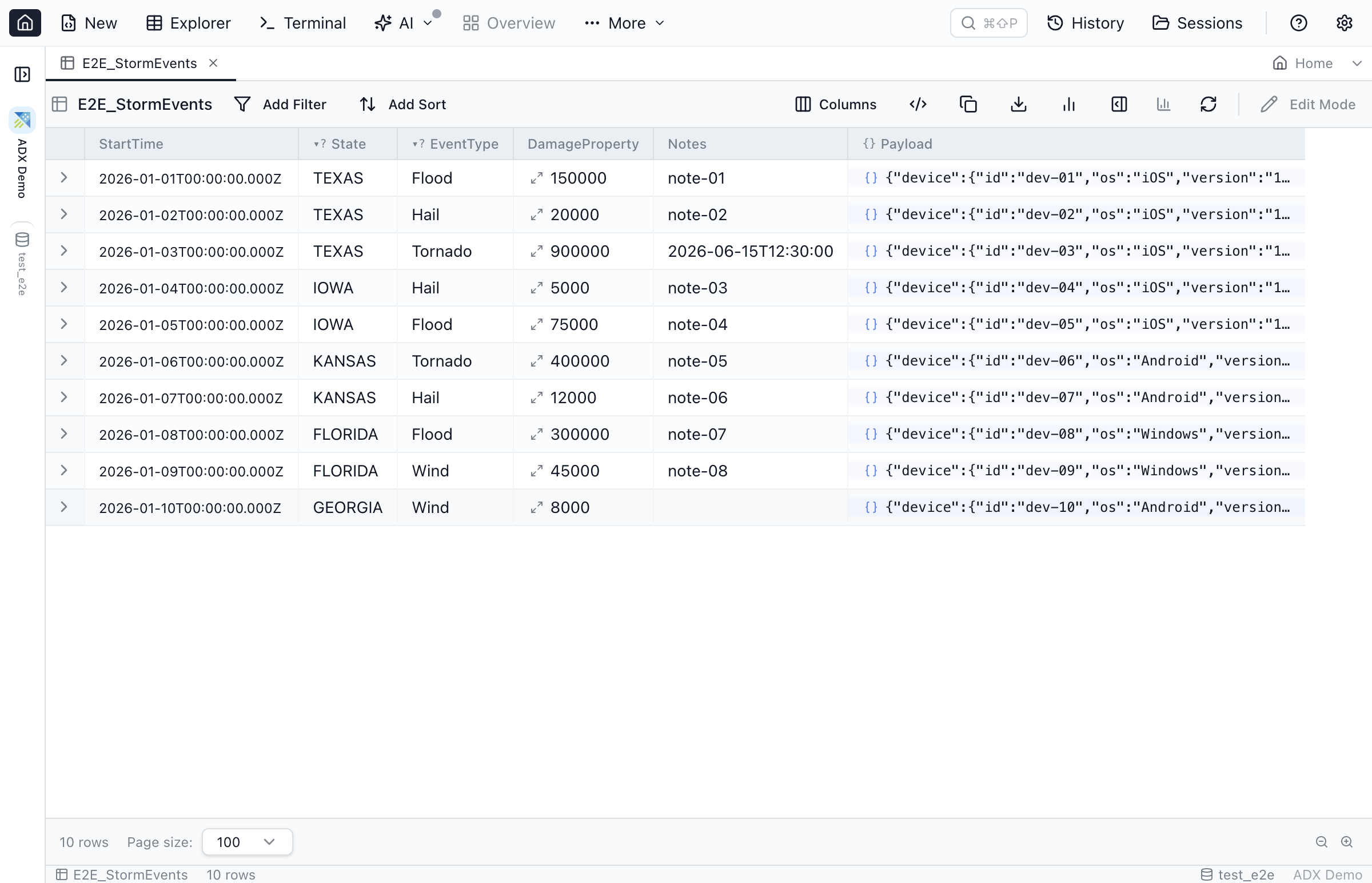 Table Explorer browsing a Kusto table in Jam SQL Studio with filter and sort controls available and the Edit Mode button disabled, reflecting the append-only engine