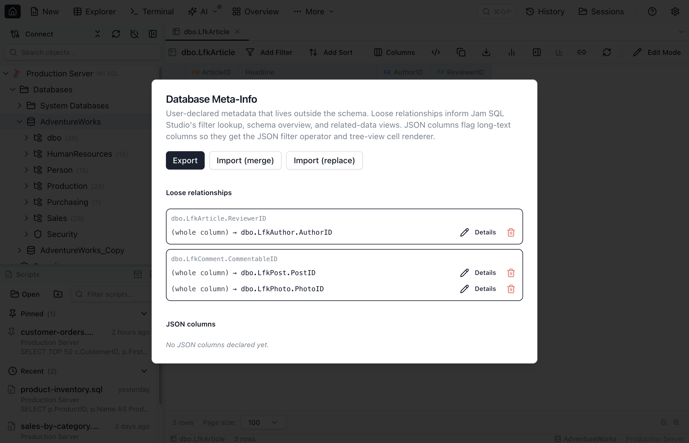 The Database Meta-Info manager dialog listing loose relationships grouped by source column with per-row remove buttons, plus Export, Import (merge) and Import (replace) controls.