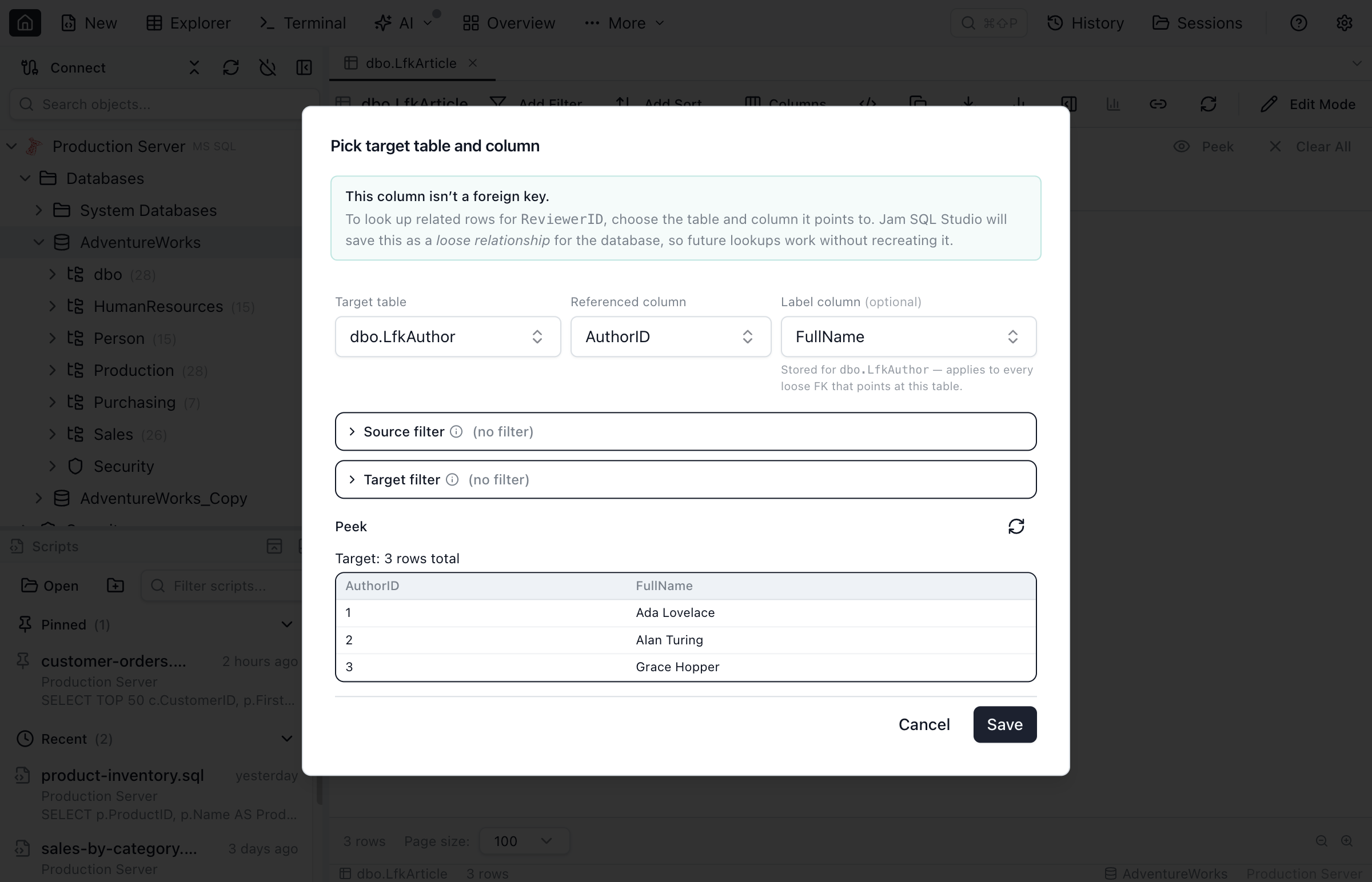 The loose foreign key target picker open over a Table Explorer grid, with schema/table and column selectors set to dbo.LfkAuthor and AuthorID, collapsible source and target filter panes, and a live peek of target rows.