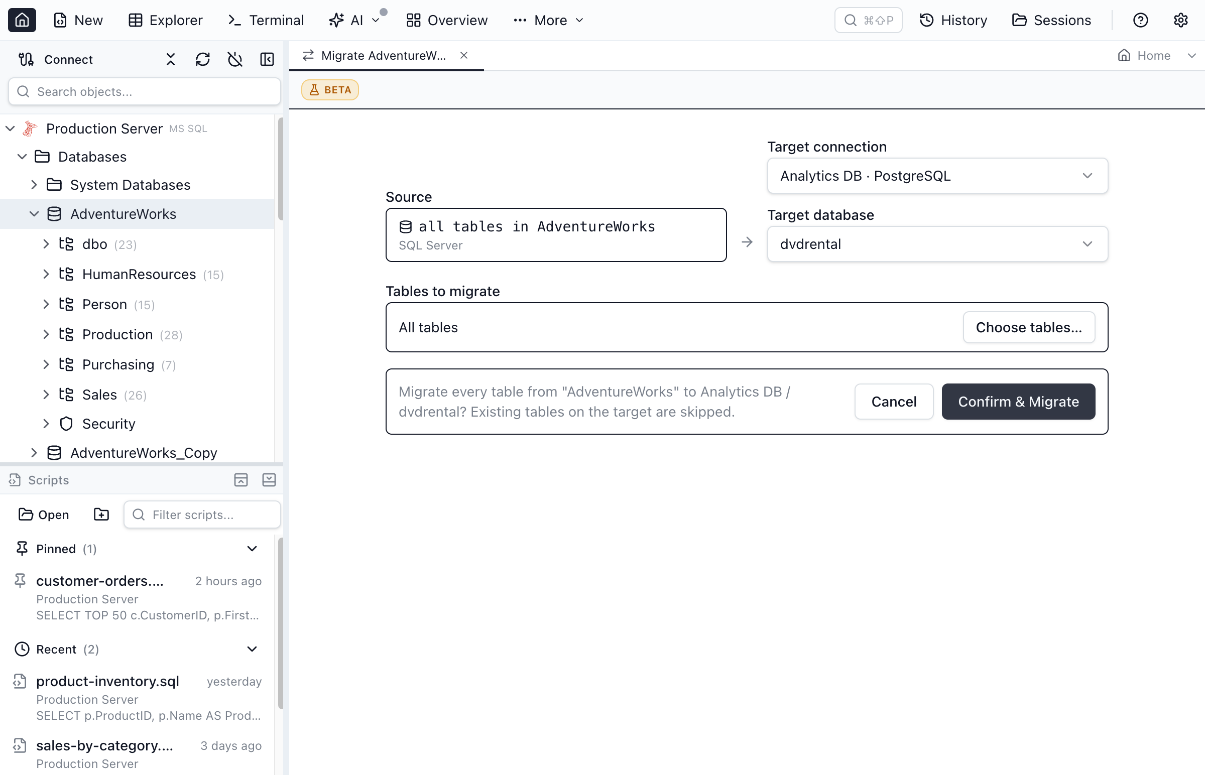 Migrate All Tables to Connection dialog migrating every table in a SQL Server database to PostgreSQL, with a confirmation step explaining that tables already present on the target are skipped