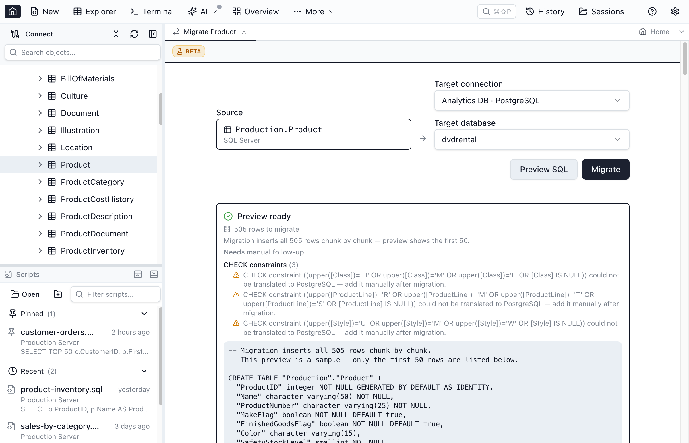 Jam SQL Studio's Migrate Table to Connection preview showing a SQL Server table's columns translated into PostgreSQL types