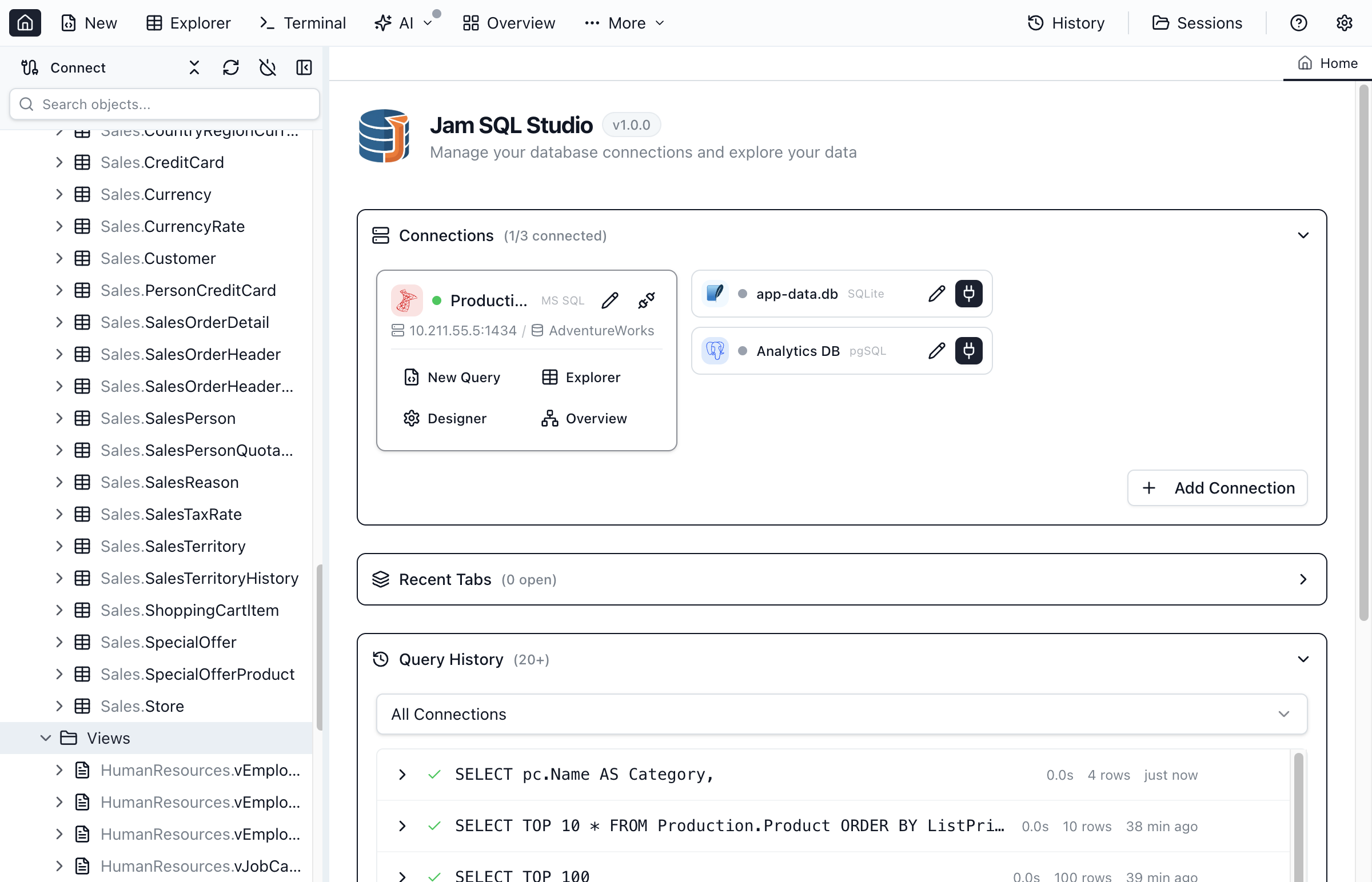 Object Explorer showing the database tree structure with tables, views, and procedures.