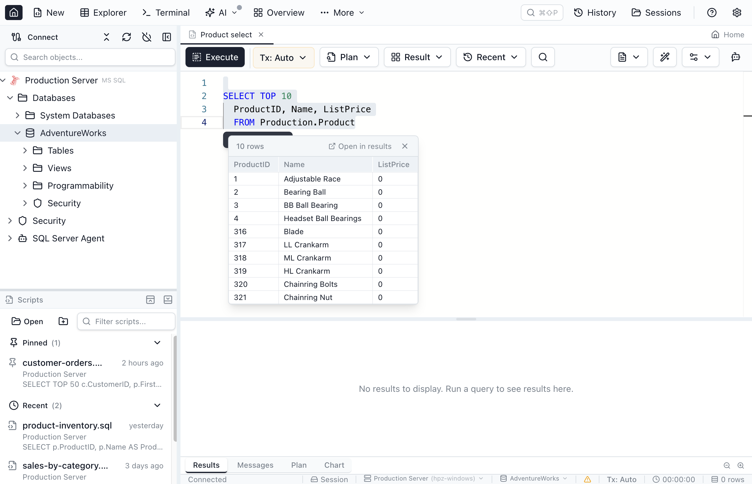 Peek results panel showing inline query preview below the selected SQL.
