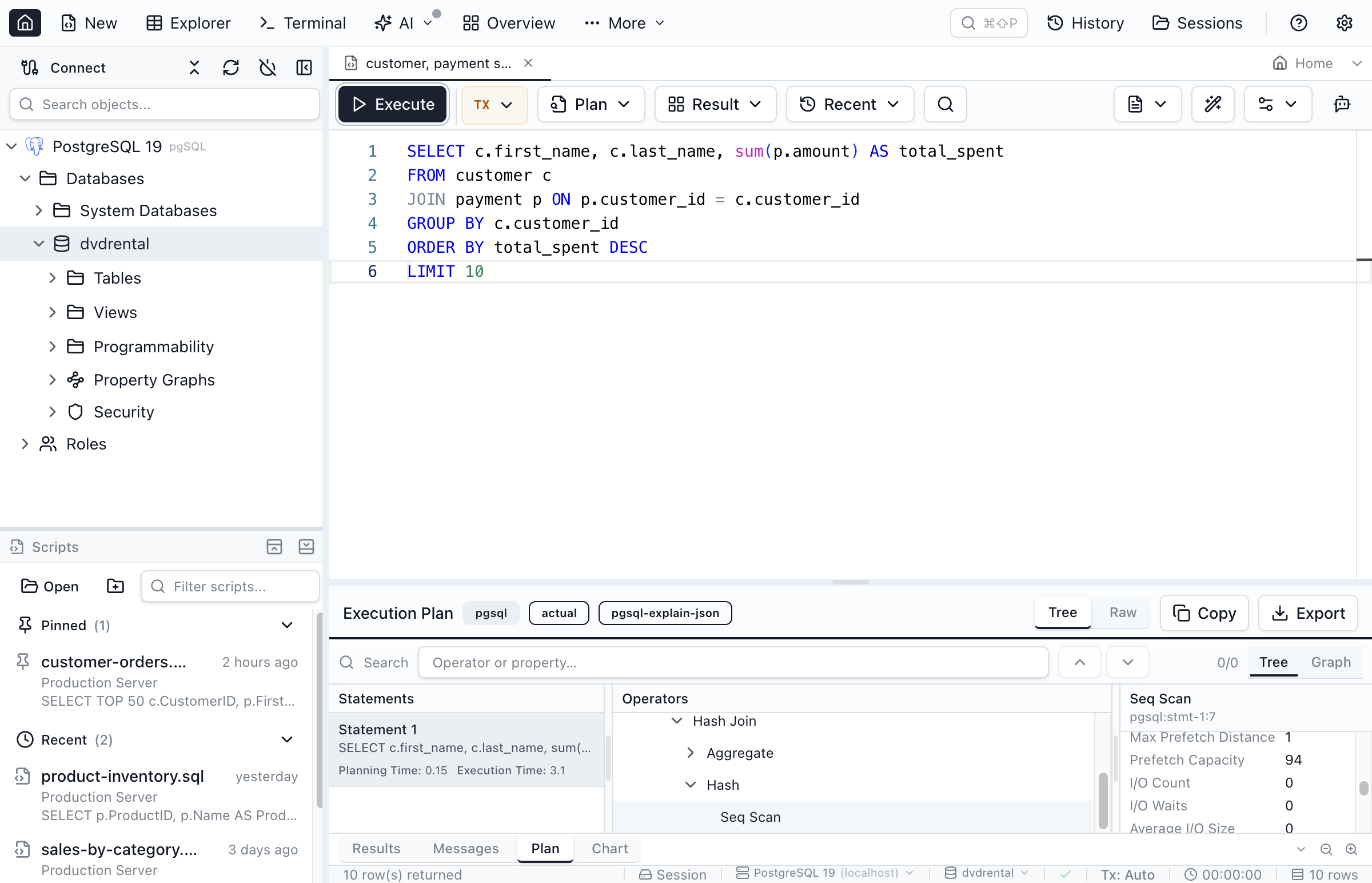Jam SQL Studio execution plan viewer on PostgreSQL 19 showing per-node EXPLAIN IO statistics such as I/O Count, I/O Waits and Average I/O Size