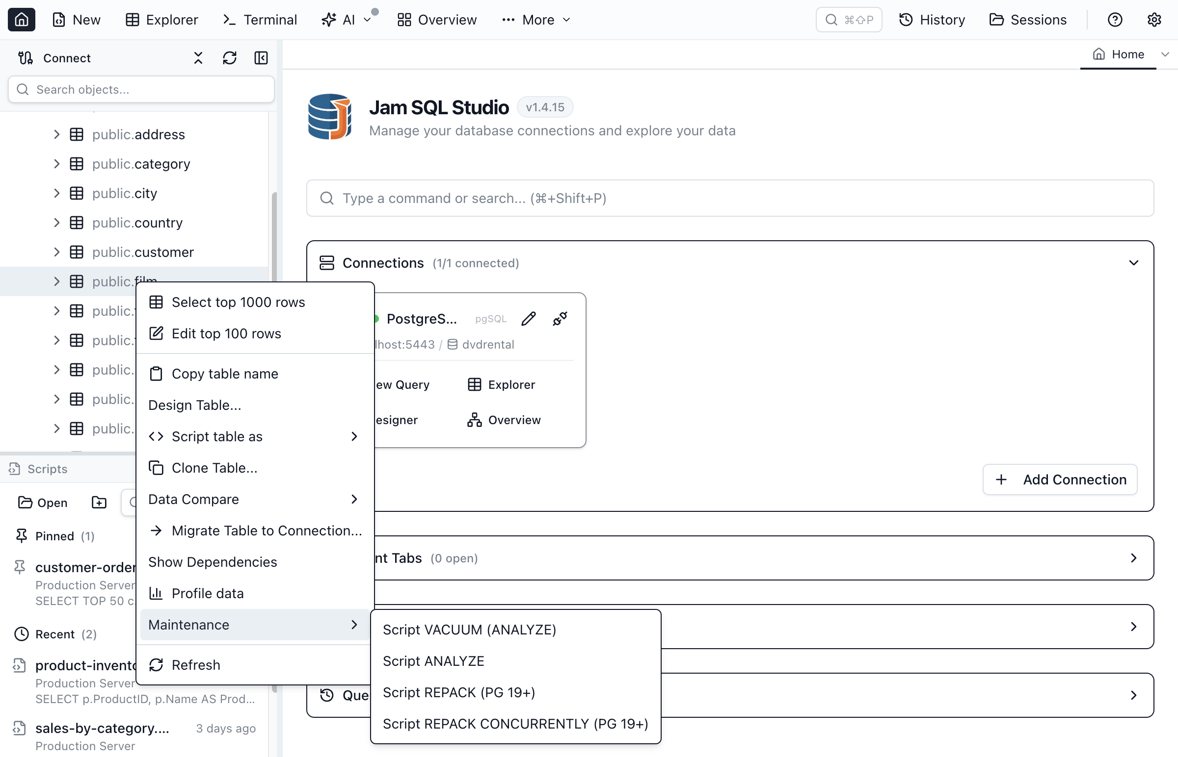 Jam SQL Studio Object Explorer with a table's right-click Maintenance submenu open, showing REPACK, REPACK (CONCURRENTLY), VACUUM and ANALYZE script actions on a PostgreSQL 19 connection