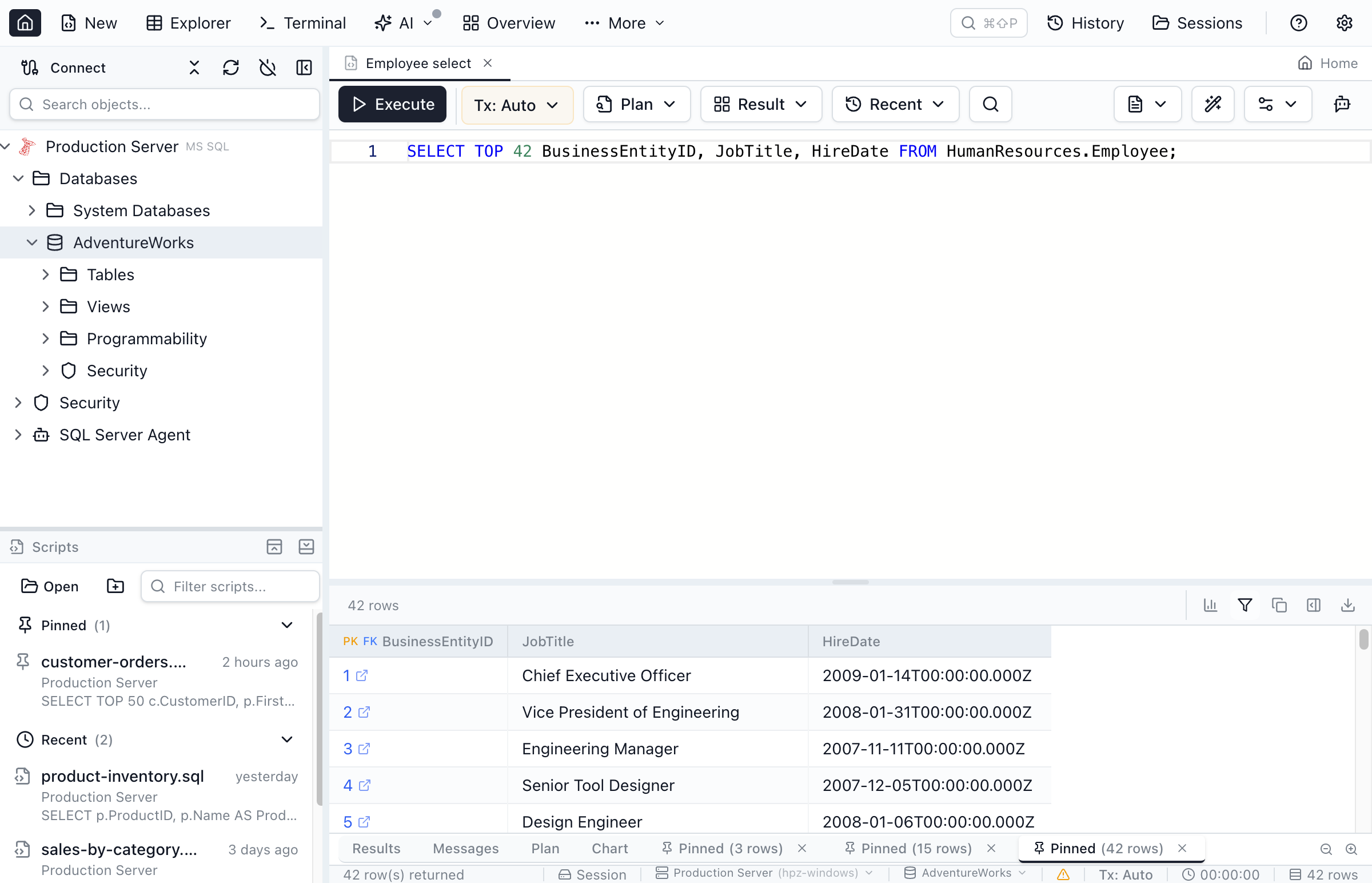 Pinned results tab showing preserved query results alongside new results.