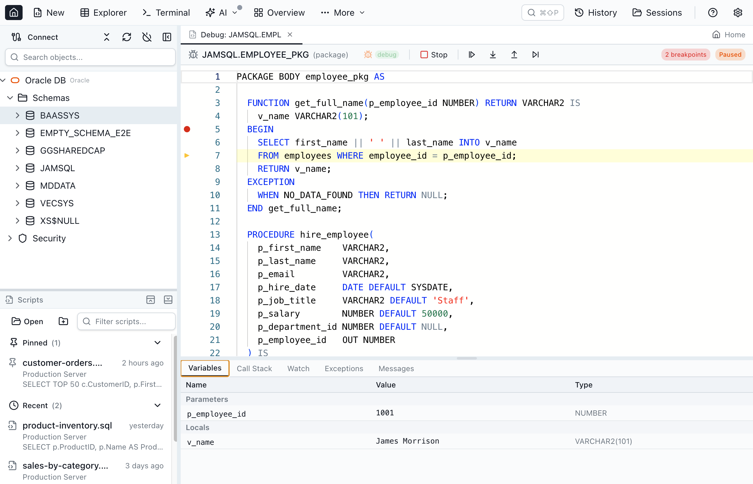 PL/SQL debugger paused at a breakpoint showing yellow current-line highlight, Variables panel with parameters and locals, and debug toolbar
