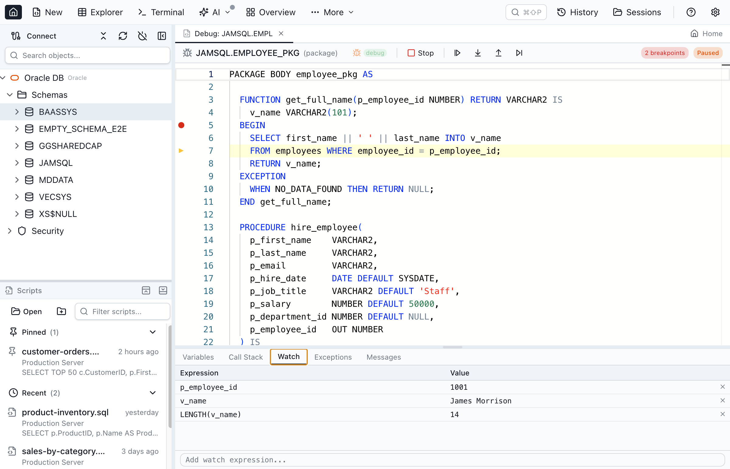Watch panel showing three expressions with evaluated values: p_employee_id, v_name, and LENGTH(v_name)