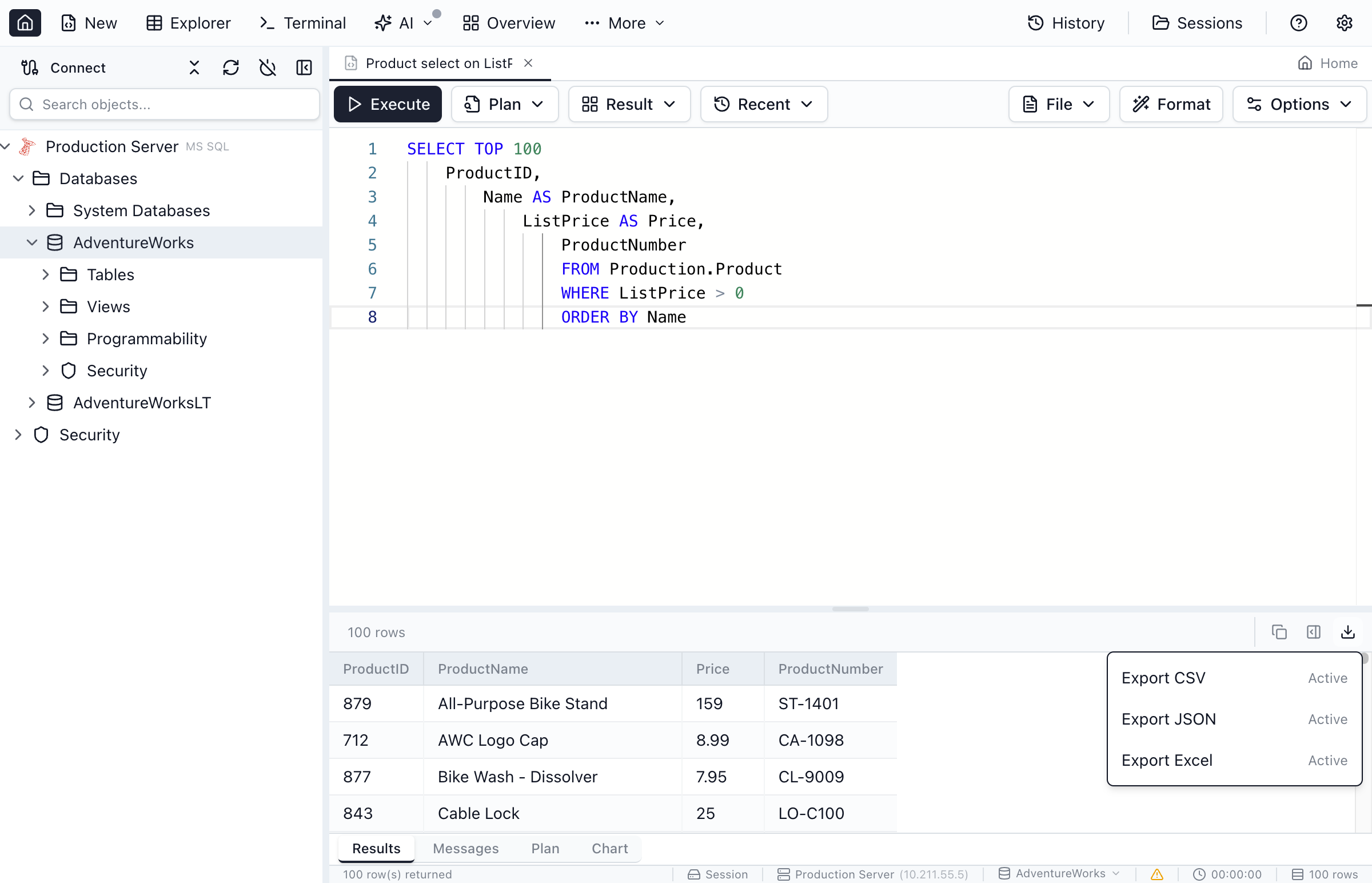 Export dropdown showing available formats.