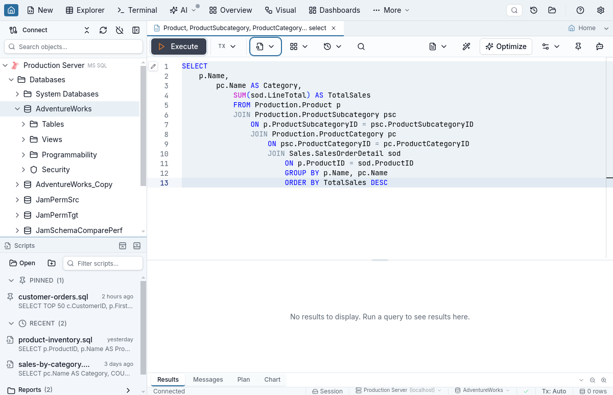 The Jam SQL Studio query editor toolbar with the Plan dropdown open, offering an estimated plan or an execution with the actual plan