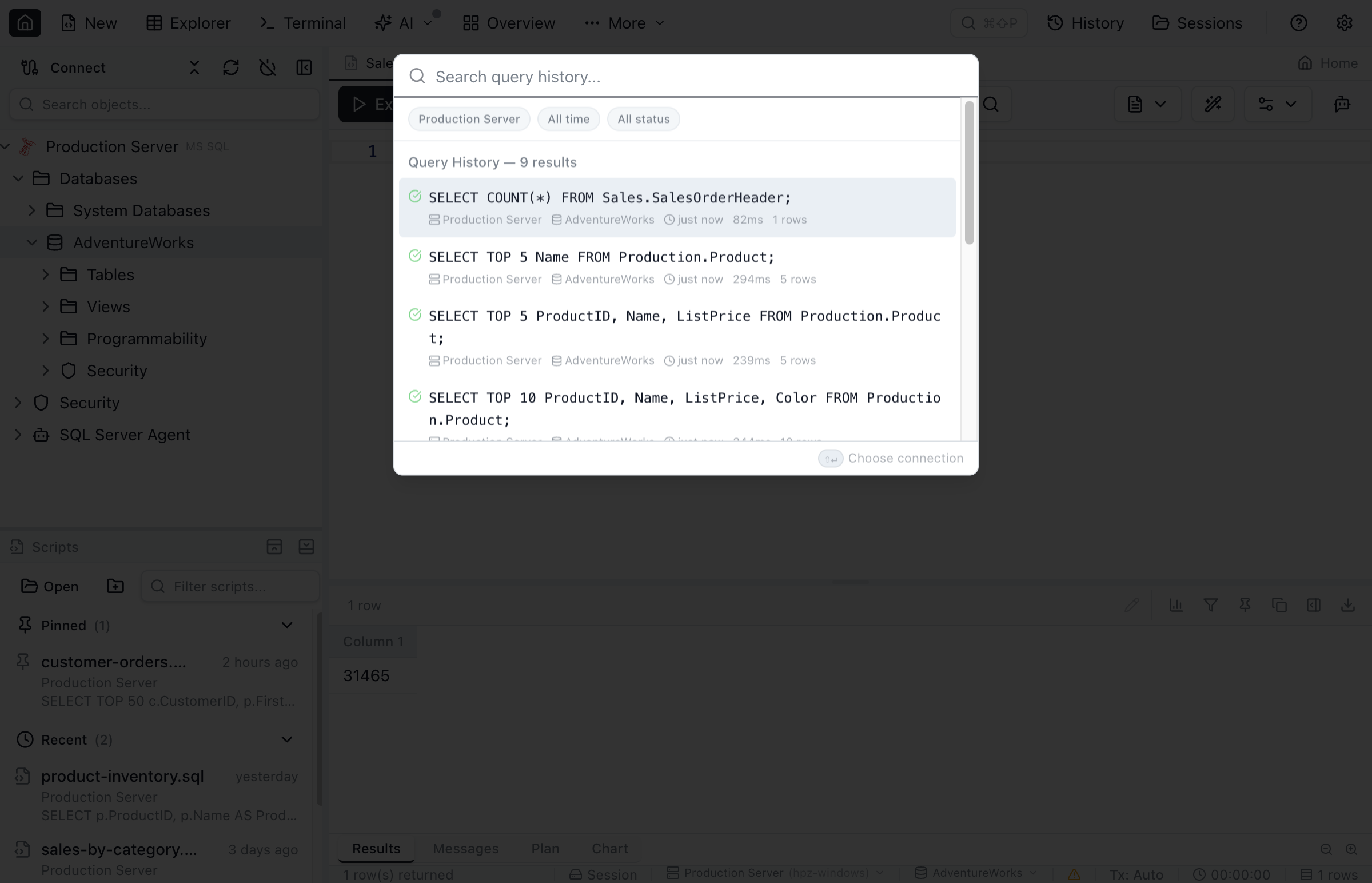 Query history search dialog showing filtered results with connection and date filters.