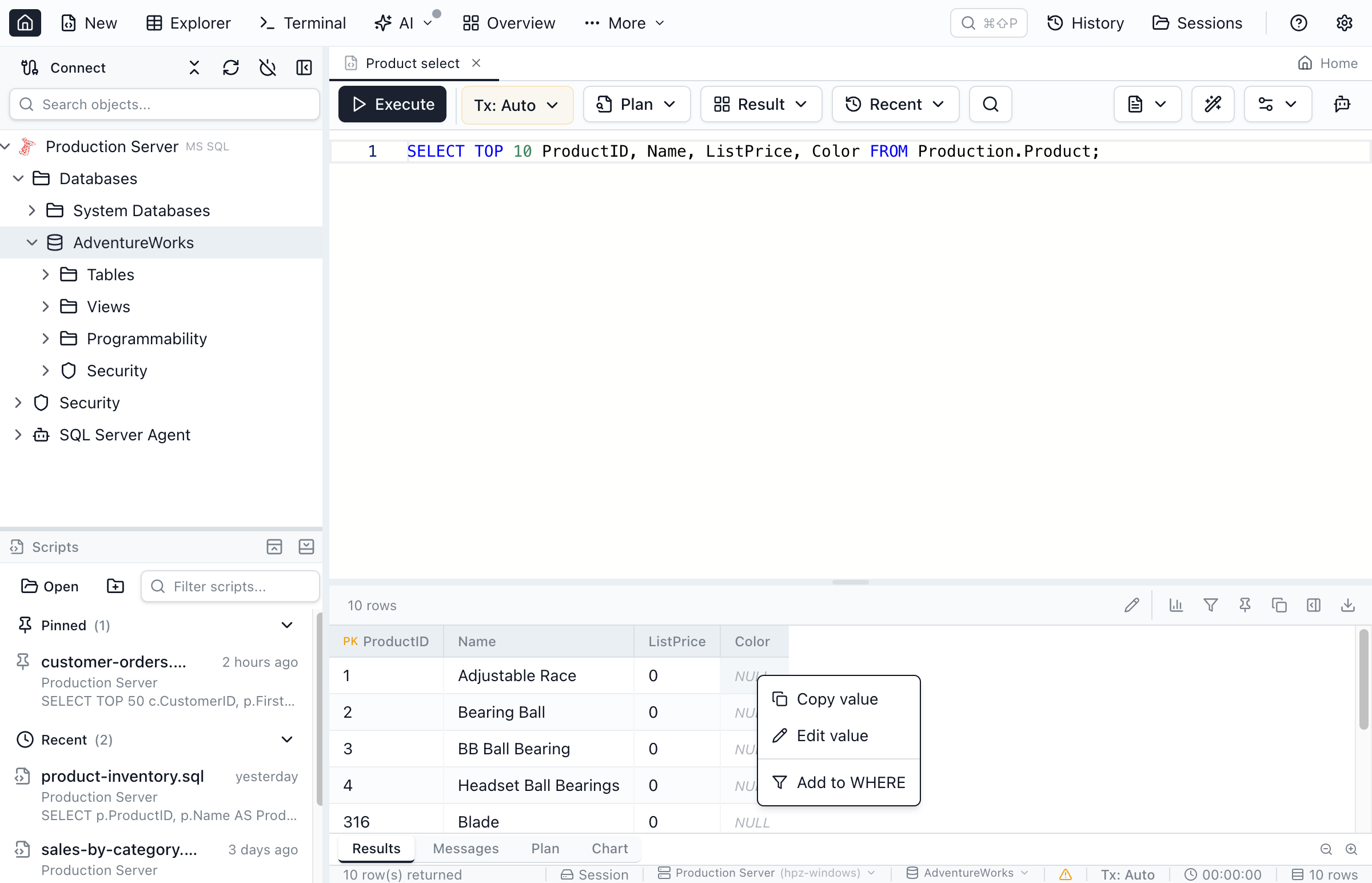 Context menu showing Add to WHERE option and the resulting condition added to the query.