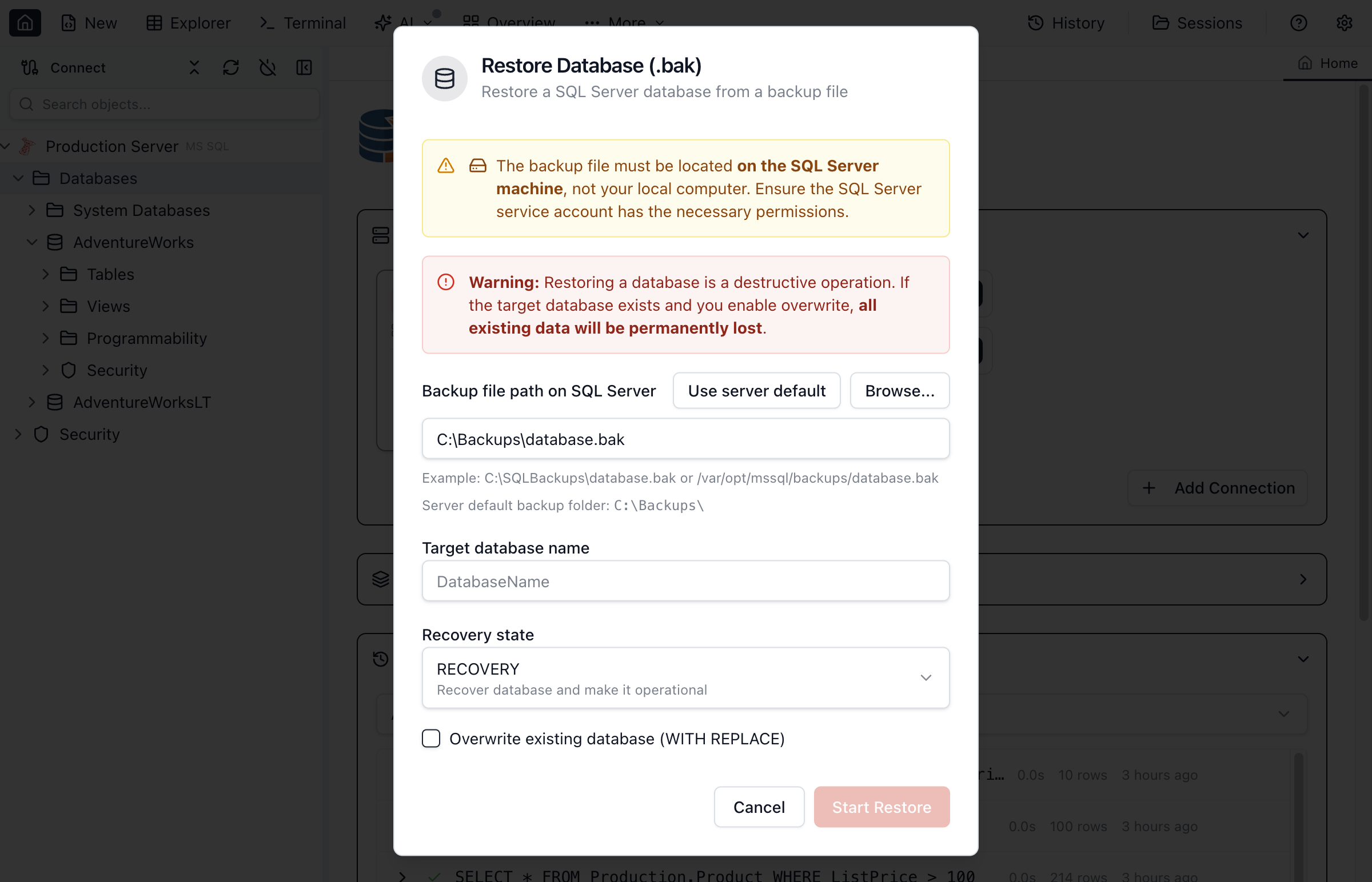 Restore Database dialog showing source selection and options.