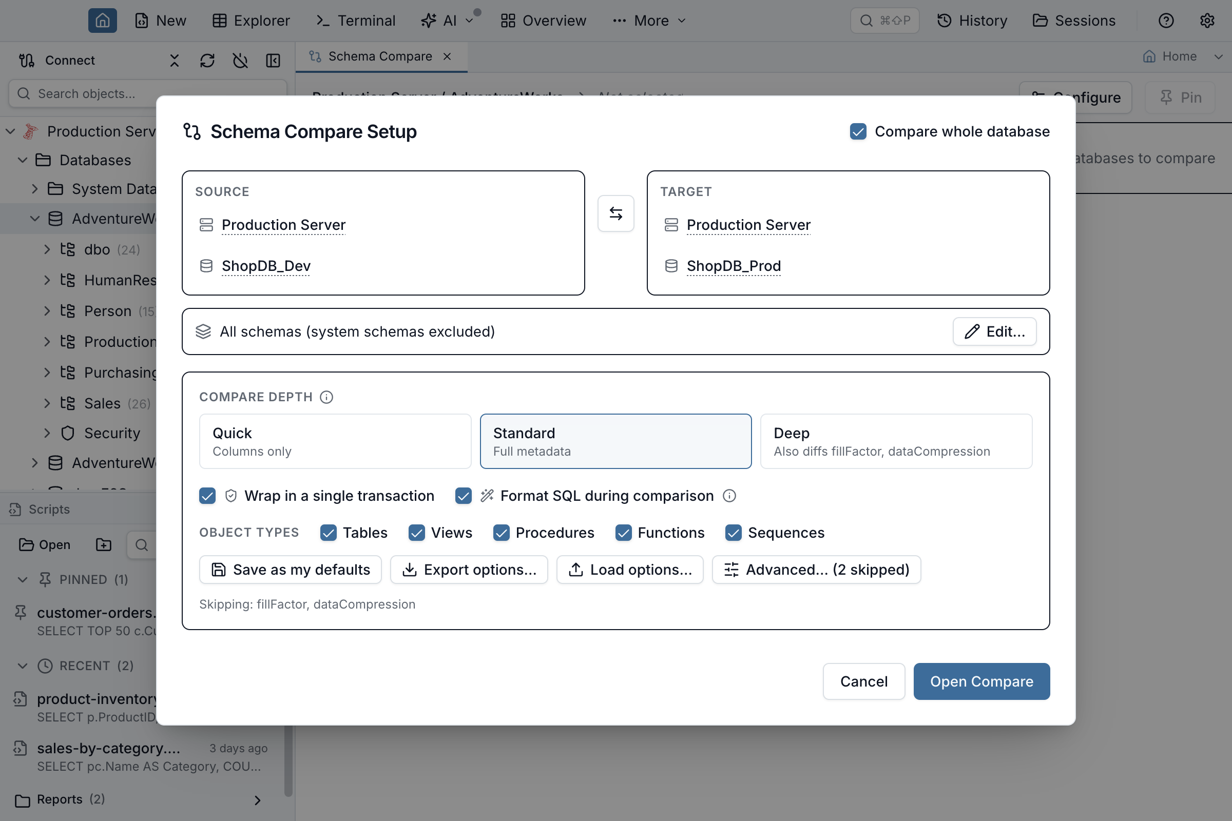 Schema Compare Setup dialog showing the Quick, Standard, and Deep compare-depth cards with Standard selected by default, each card carrying a one-line summary of what it fetches, with the full description on hover