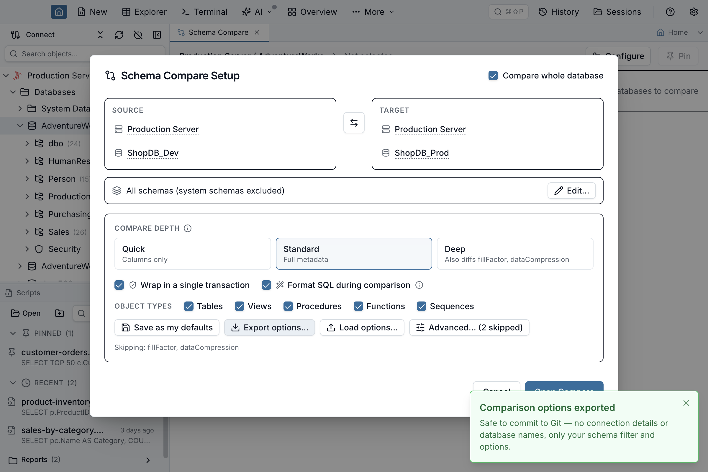 Schema Compare Setup dialog with the Export options&hellip; button clicked and a toast confirming the comparison options were exported, stating the file carries no connection details or database names