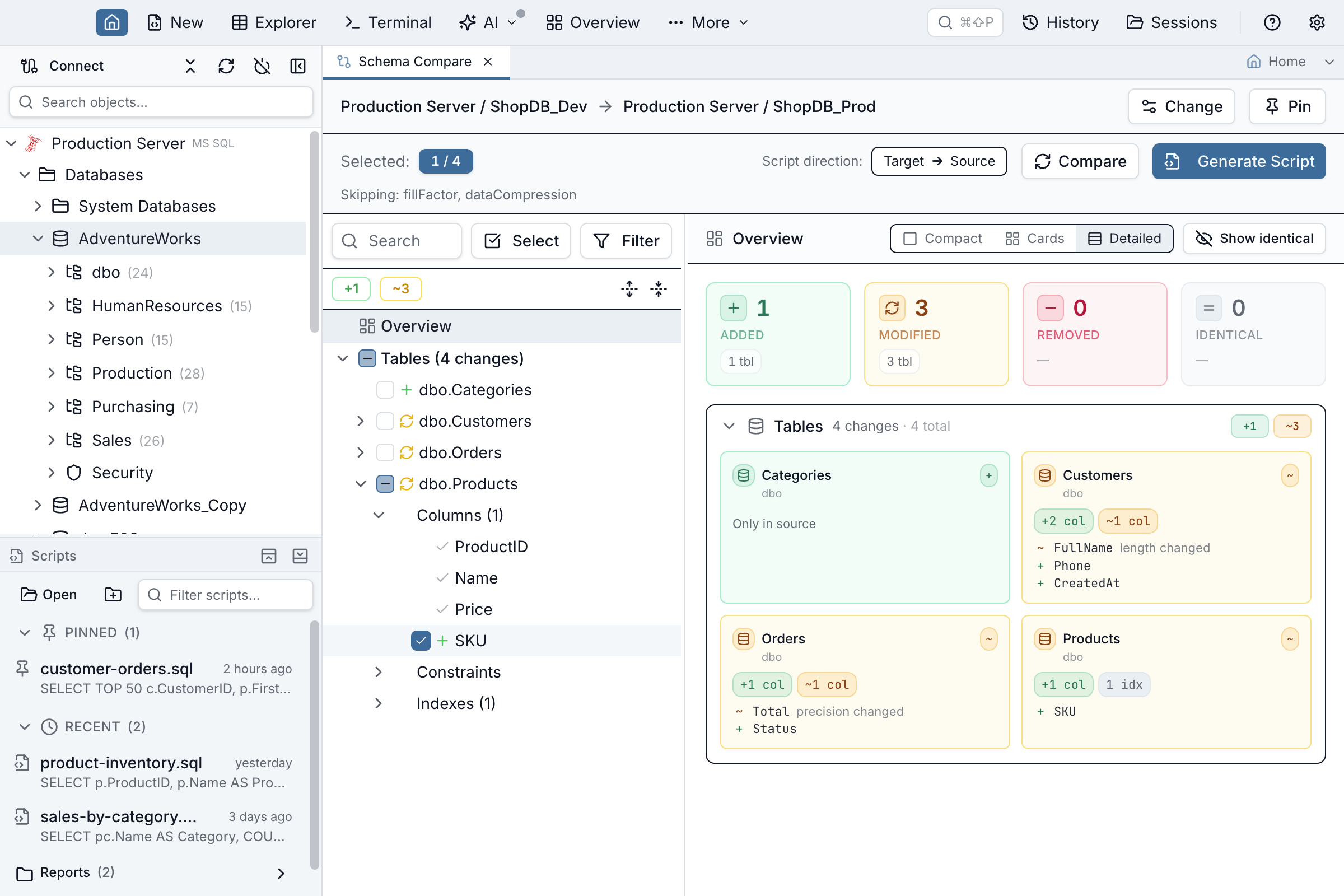 Schema Compare results tree with the Products table expanded to its Columns, Constraints, and Indexes children, and the added SKU column individually ticked for scripting