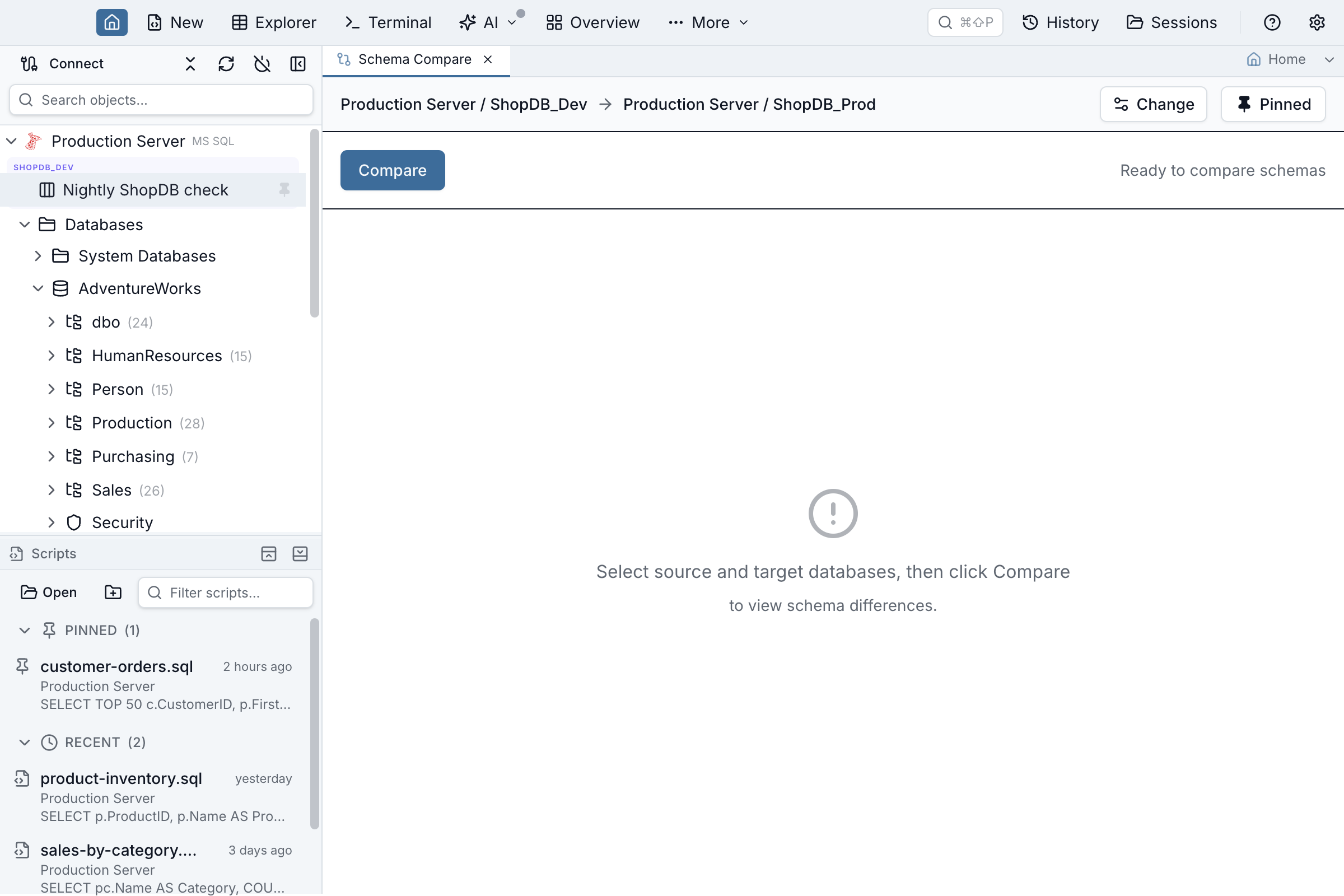 The Jam SQL Studio Object Explorer with a pinned comparison named &ldquo;Nightly ShopDB check&rdquo; listed under the source connection, and the open comparison tab showing its Pin button in the pinned state