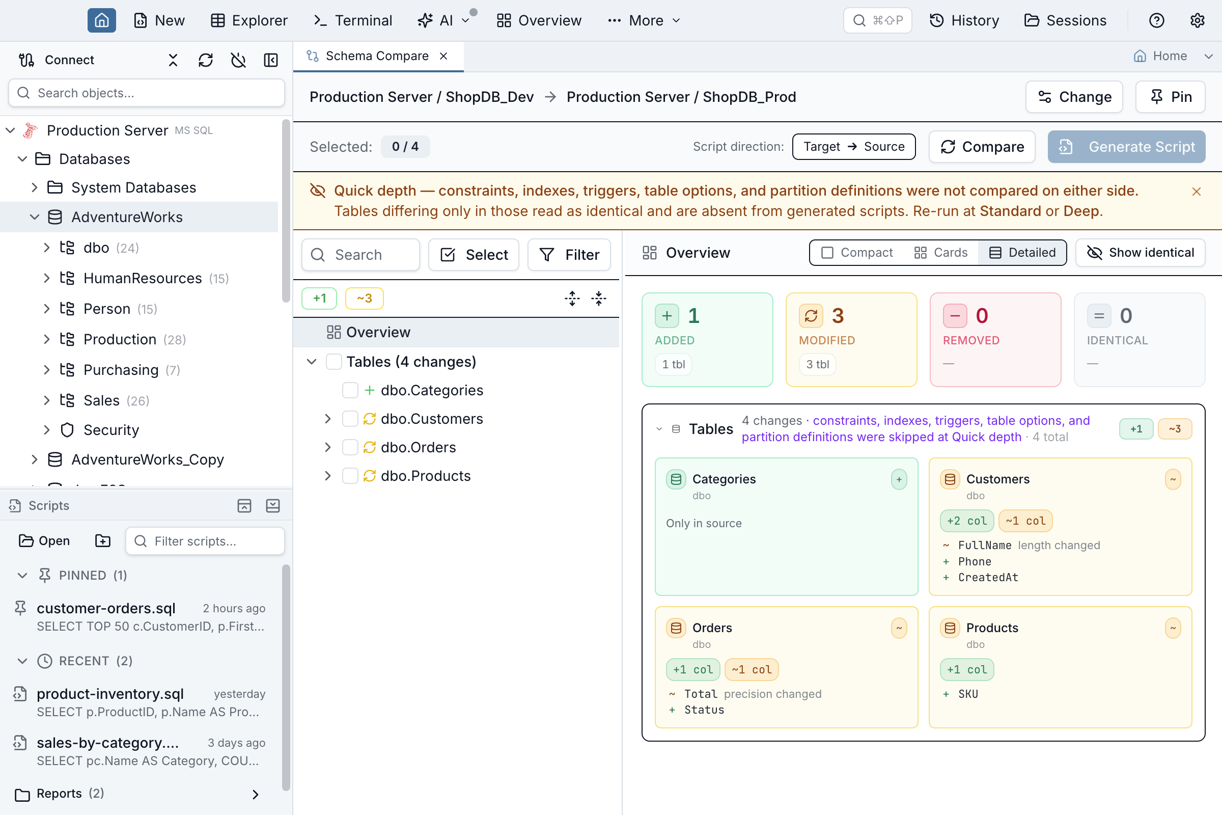 Schema Compare results with an amber banner reading &ldquo;Quick depth &mdash; constraints, indexes, triggers, table options, and partition definitions were not compared&rdquo;, telling the reader a Quick comparison never reports a clean match