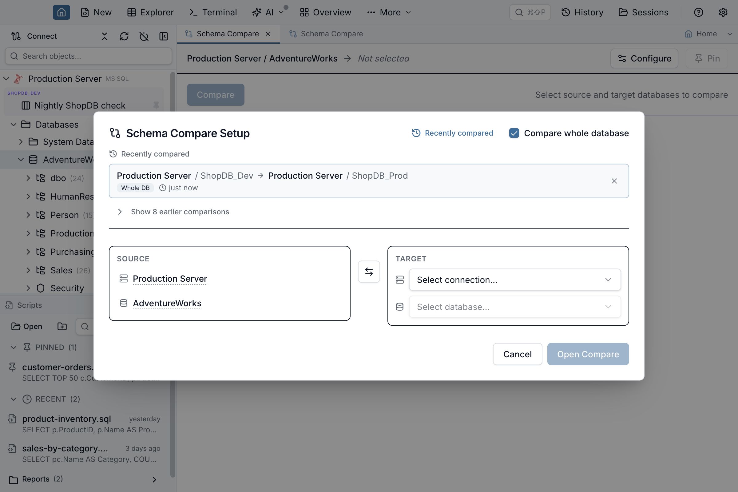 Schema Compare Setup dialog with the Recently compared list open, showing a previous ShopDB_Dev to ShopDB_Prod comparison with both connection names, both database names, a Whole DB badge and when it was run