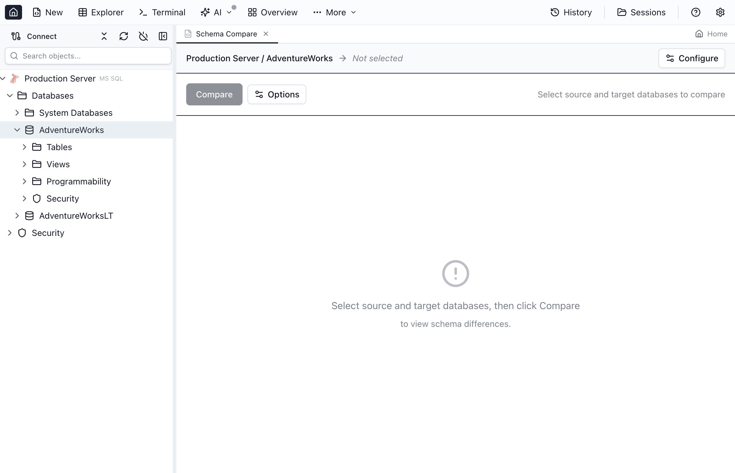 Schema Compare script preview showing generated ALTER TABLE and CREATE INDEX statements with syntax highlighting