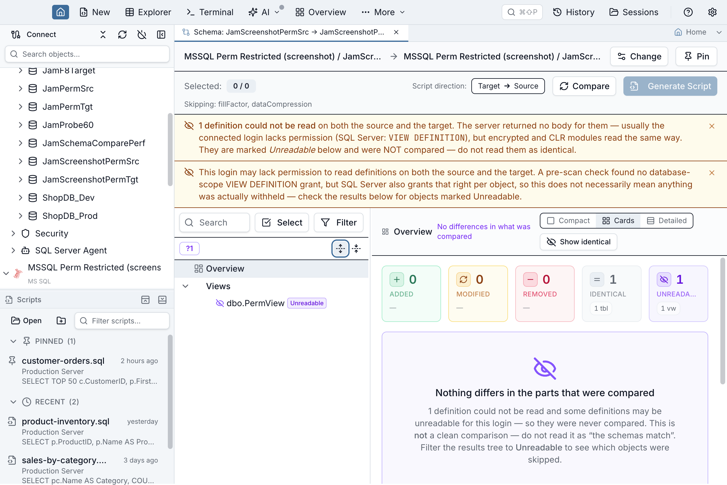 Schema Compare results with an amber banner reading that definitions could not be read on both the source and the target, naming VIEW DEFINITION, above a view row marked Unreadable