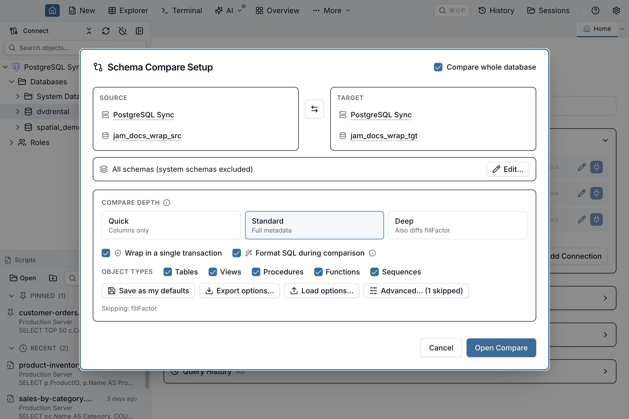 Schema Compare comparison options on a PostgreSQL comparison, with the &ldquo;Wrap in a single transaction&rdquo; checkbox ticked by default and its PostgreSQL-specific tooltip describing BEGIN; &hellip; COMMIT; with no syntax-error exception