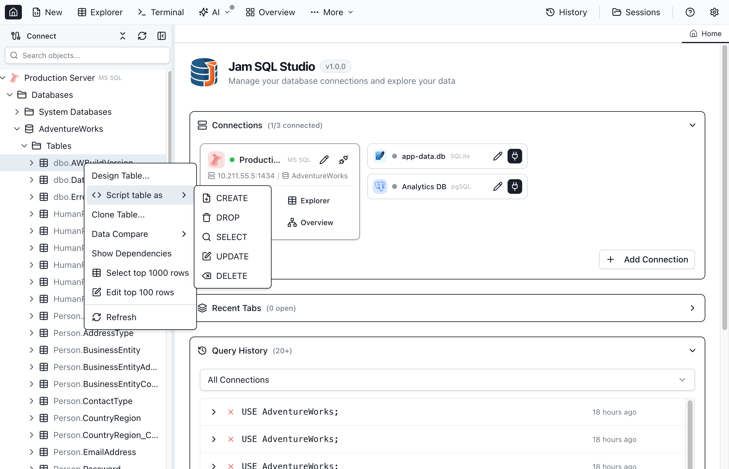 Context menu showing Script as options for a table.