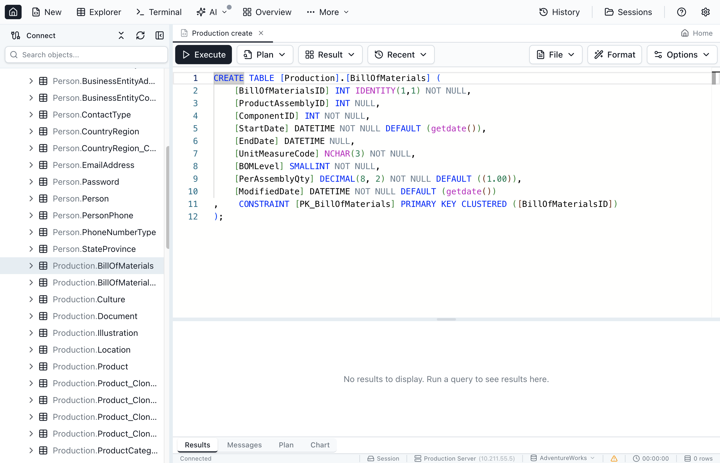 Generated CREATE TABLE script showing complete table definition.