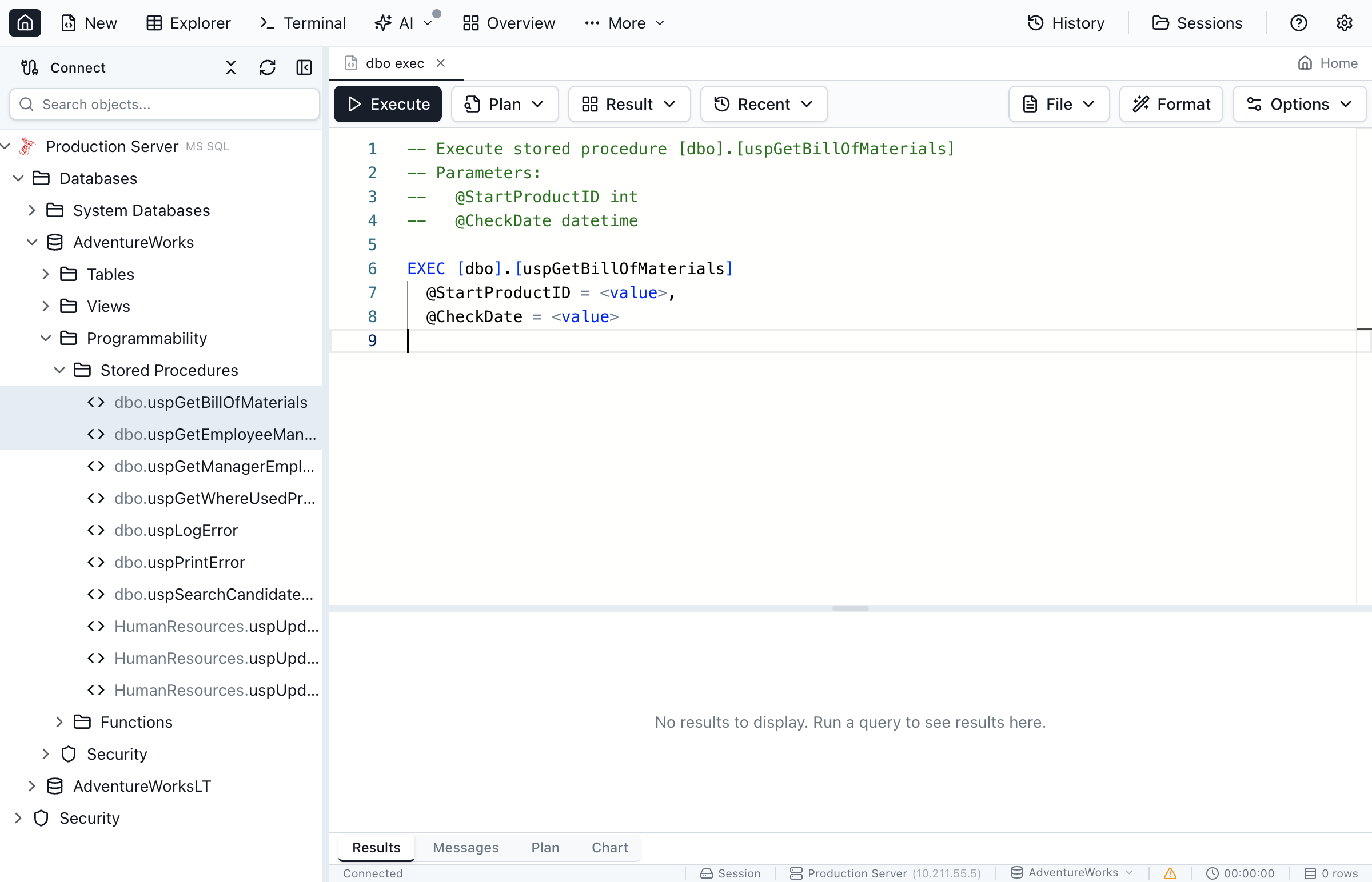 Generated EXECUTE template with parameter placeholders.
