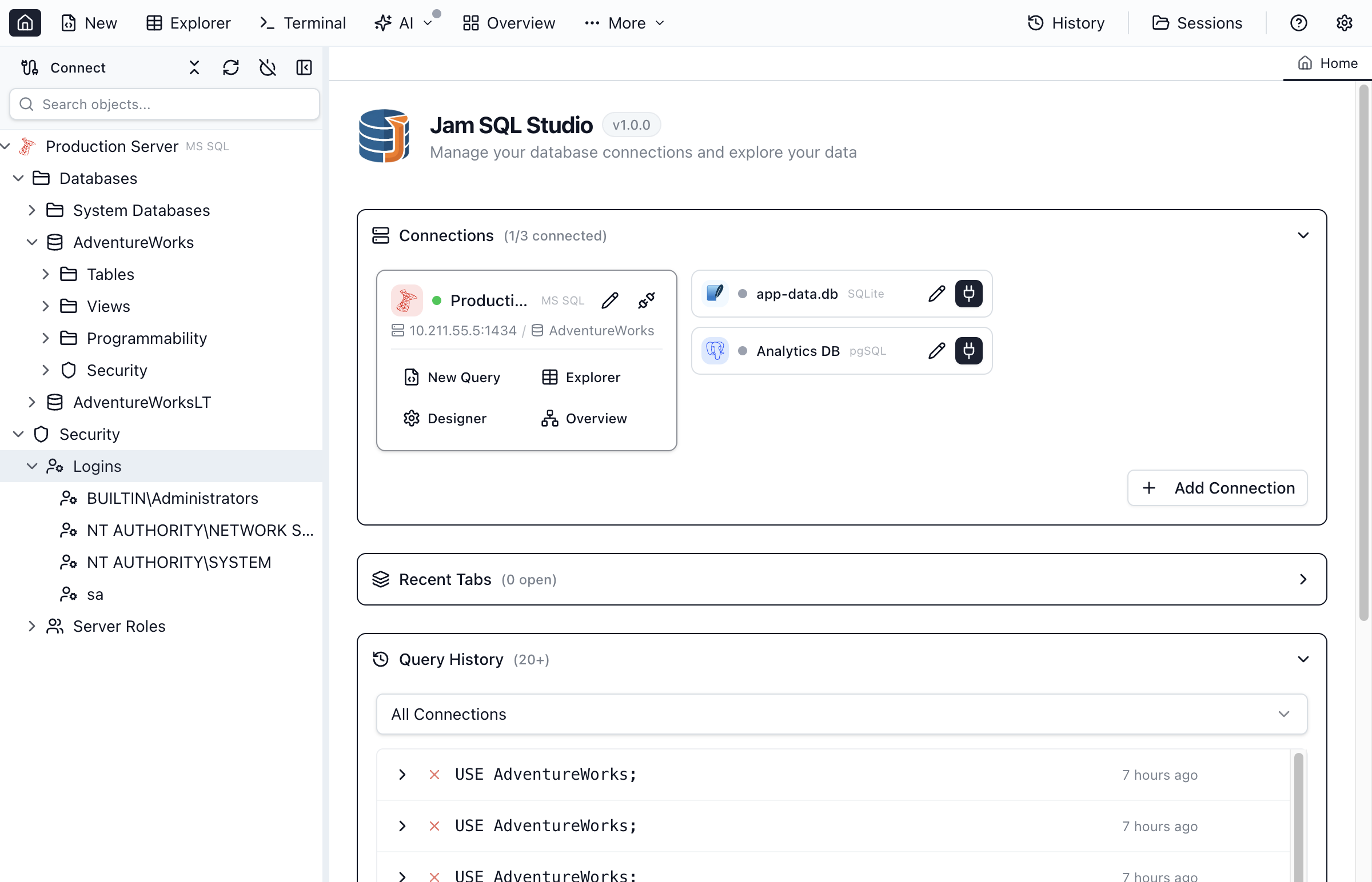 Logins list showing server logins with authentication type and status.