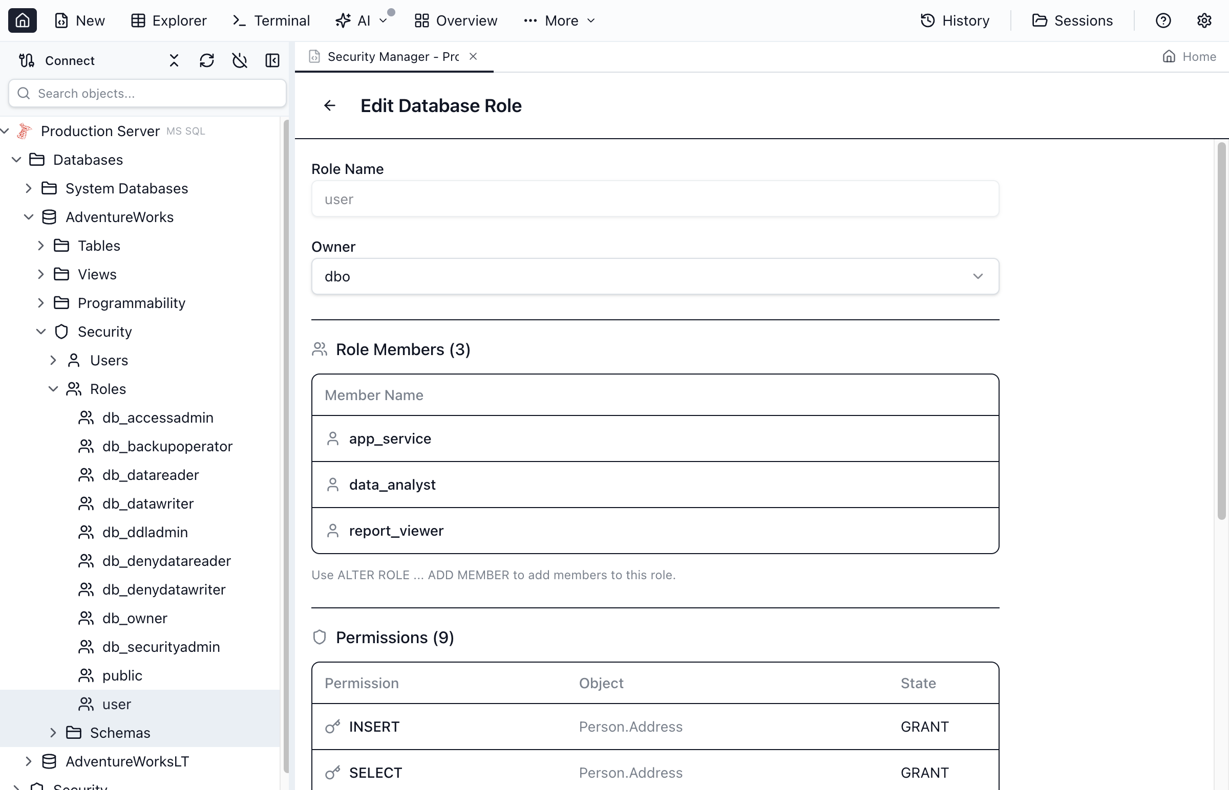 Database role properties showing members and permissions.
