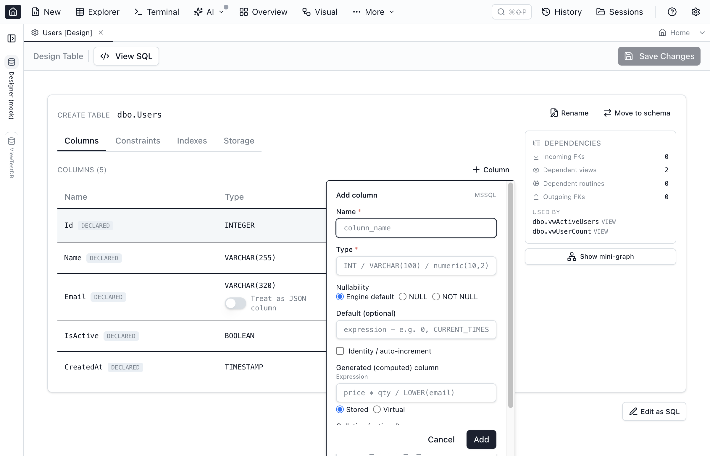 Add-column popover form over the visual table designer, showing column name, data type, nullable, and default value fields.