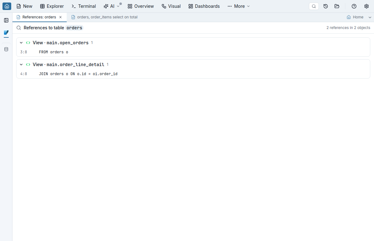 References tab listing the objects that reference a table, grouped by referencing object.