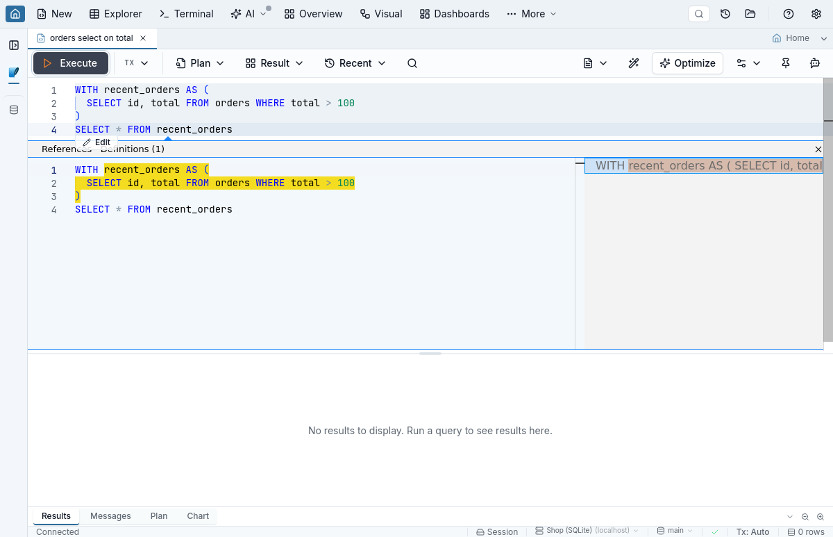 Peek Definition panel showing a CTE's WITH-clause body inline below the query.