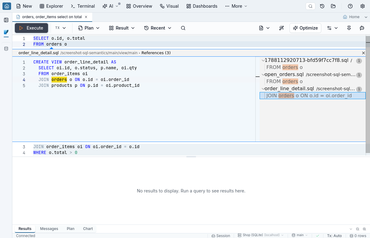 Monaco peek panel open on the orders table, listing two referencing views plus the active buffer, with the selected view's stored body previewed read-only.
